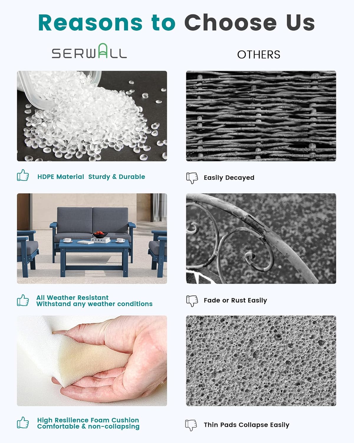 SERWALL HDPE Outdoor Patio Loveseat, Blue Frame and Grey Cushion