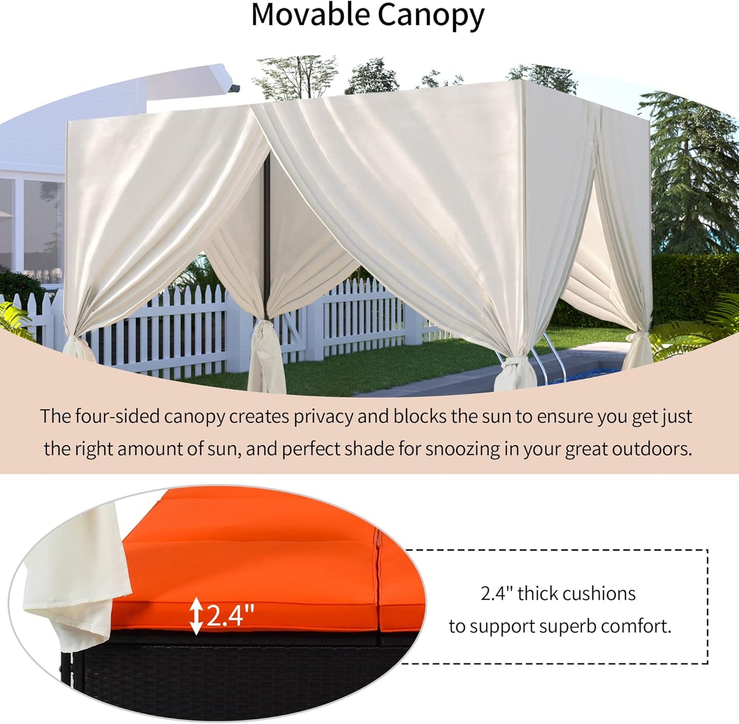 Patio Chaise Lounge, PE Rattan Outdoor Patio Wicker Sunbed Daybed with Adjustable Seats, Four-sided Canopy, Overhead Curtain and Orange Cushions for Backyard, Garden, Poolside (for 2-6 people)