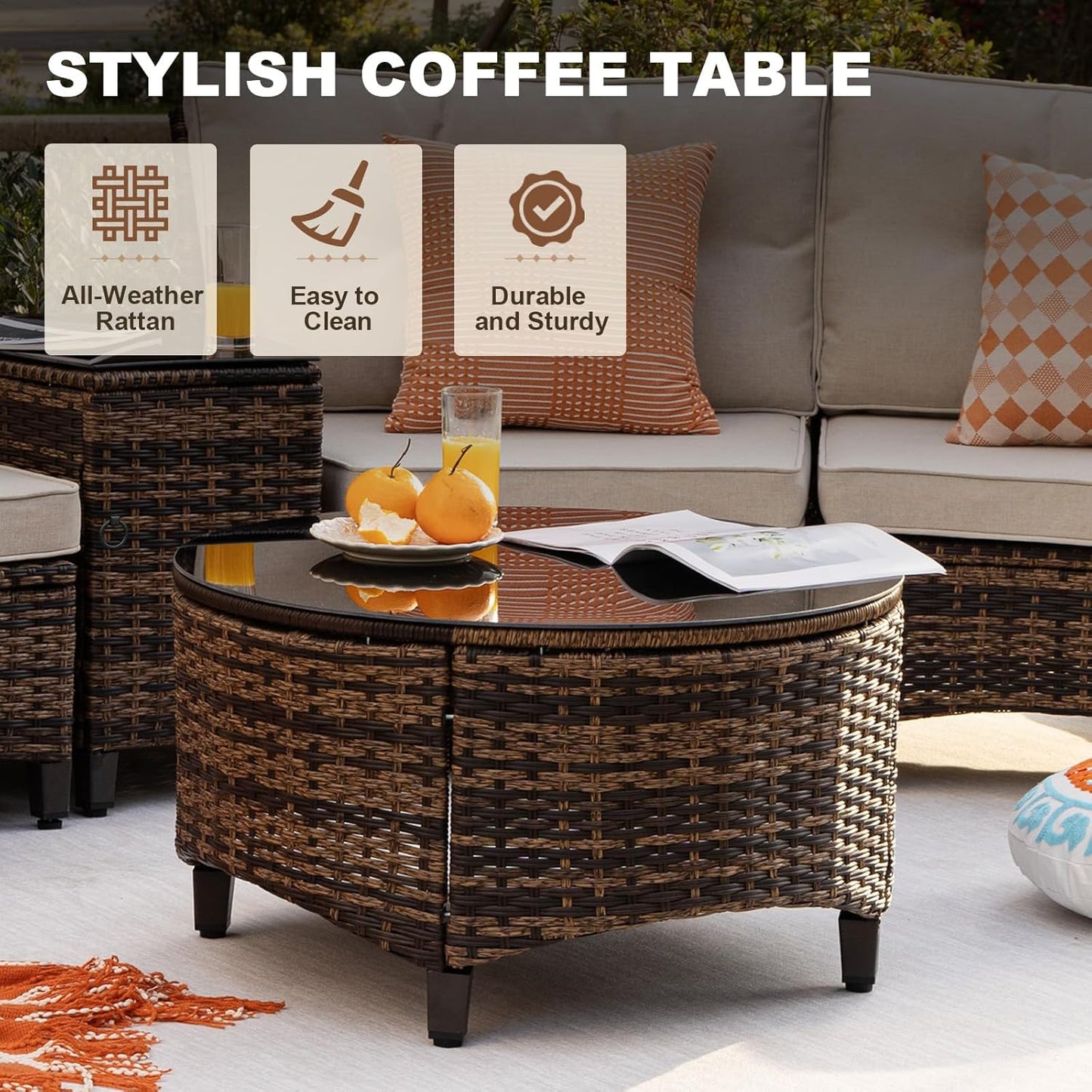 9 Piece Outdoor Patio Furniture Set, Half-Moon Curved Sectional Sofa Rattan Conversation Set with Wood Armrests, Coffee Table & Side Table（Brown）