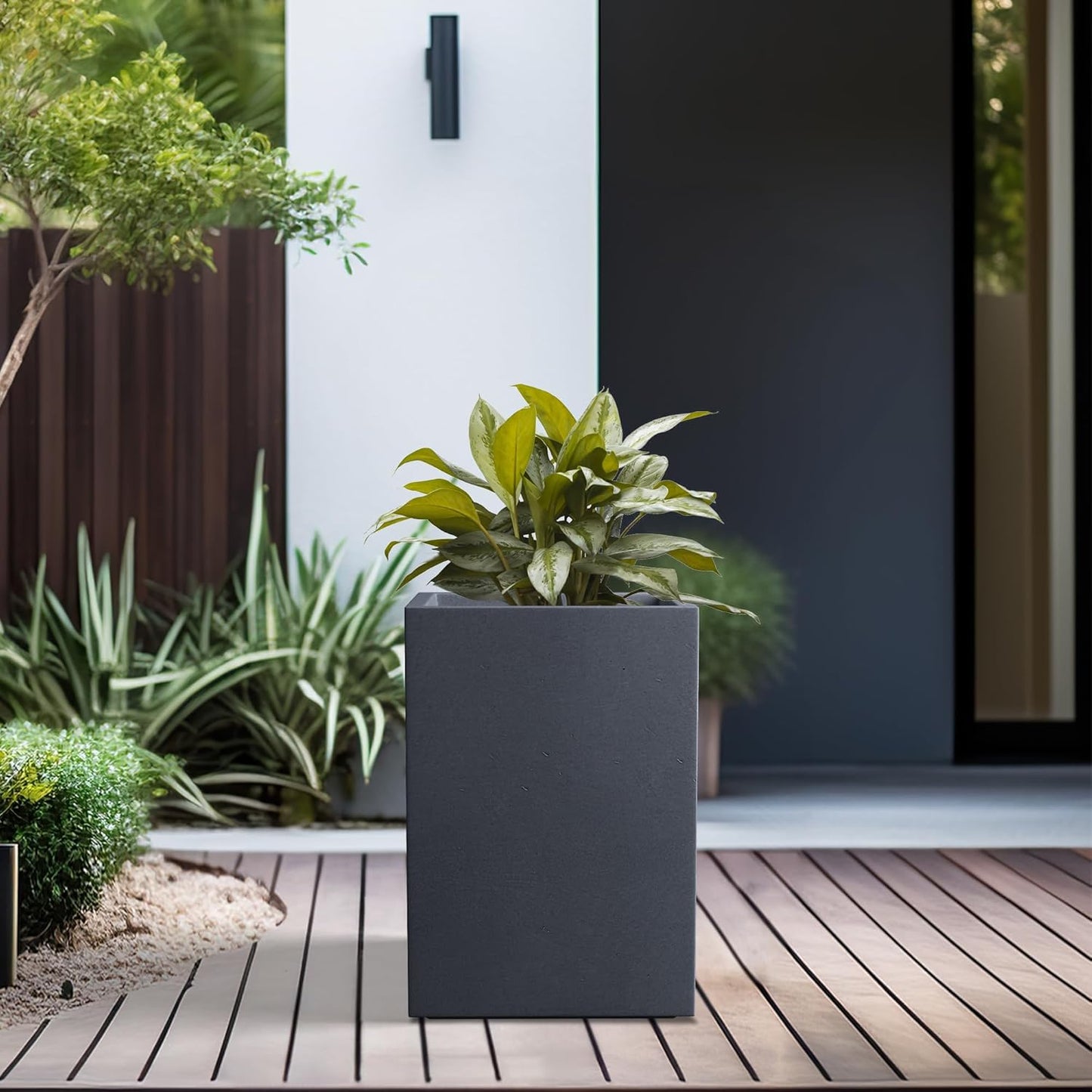 Kante 12.6" H Tall Rectangular Concrete Planters, Outdoor Indoor Lightweight Plant Pots with Drainage Hole and Rubber Plug, Modern Style for Home Garden Patio, Charcoal