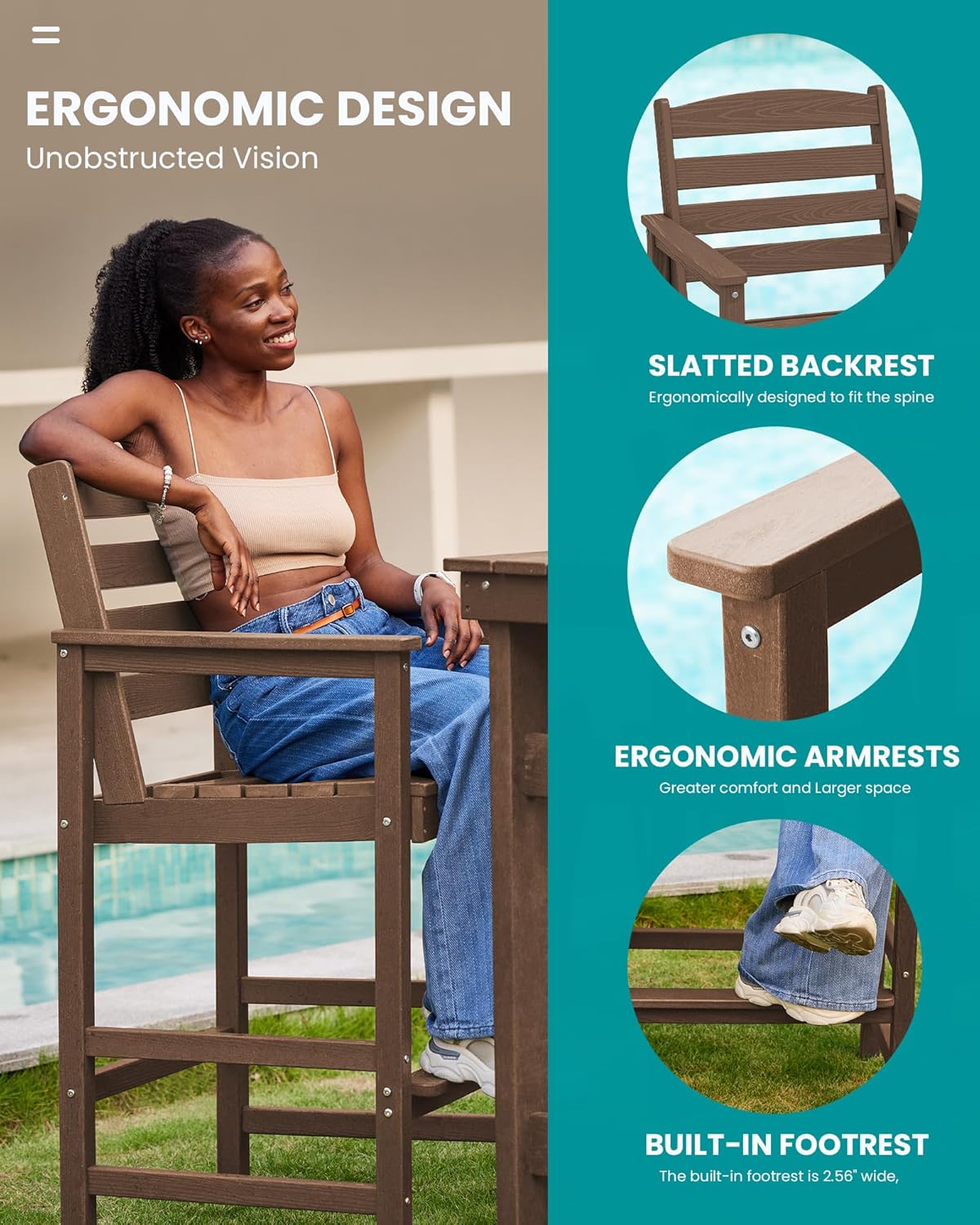 SERWALL 5 Pieces Outdoor Patio Bar Set, Oversize Tall Adirondack Bar Chair and Table Set, Brown