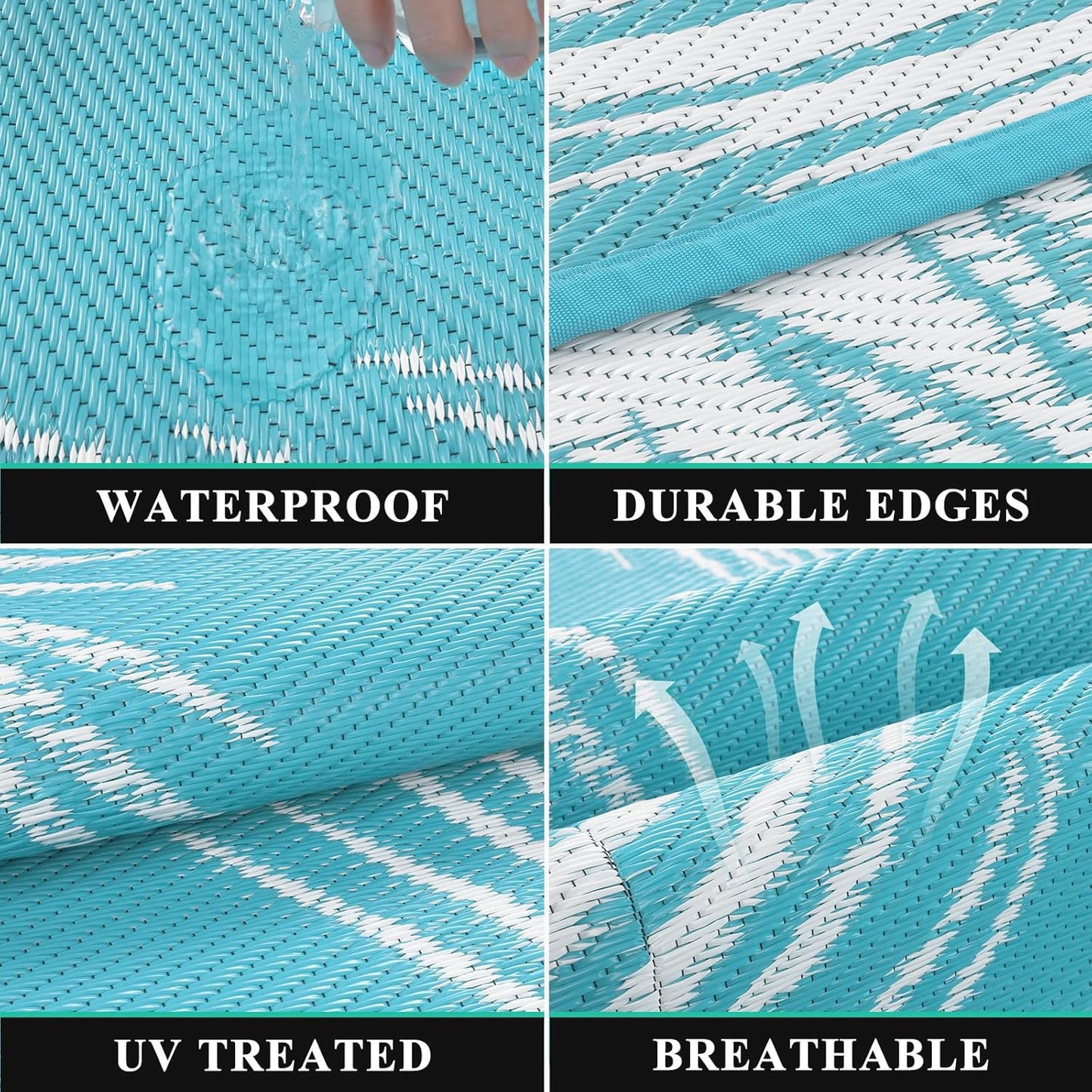 Pauwer Waterproof Outdoor Rug 8x10, Reversible Plastic Straw Patio Camping Rug, Indoor Outdoor RV Mat Carpet for Deck, Camper, Porch, Balcony, Backyard, Picnic, Leaf Teal