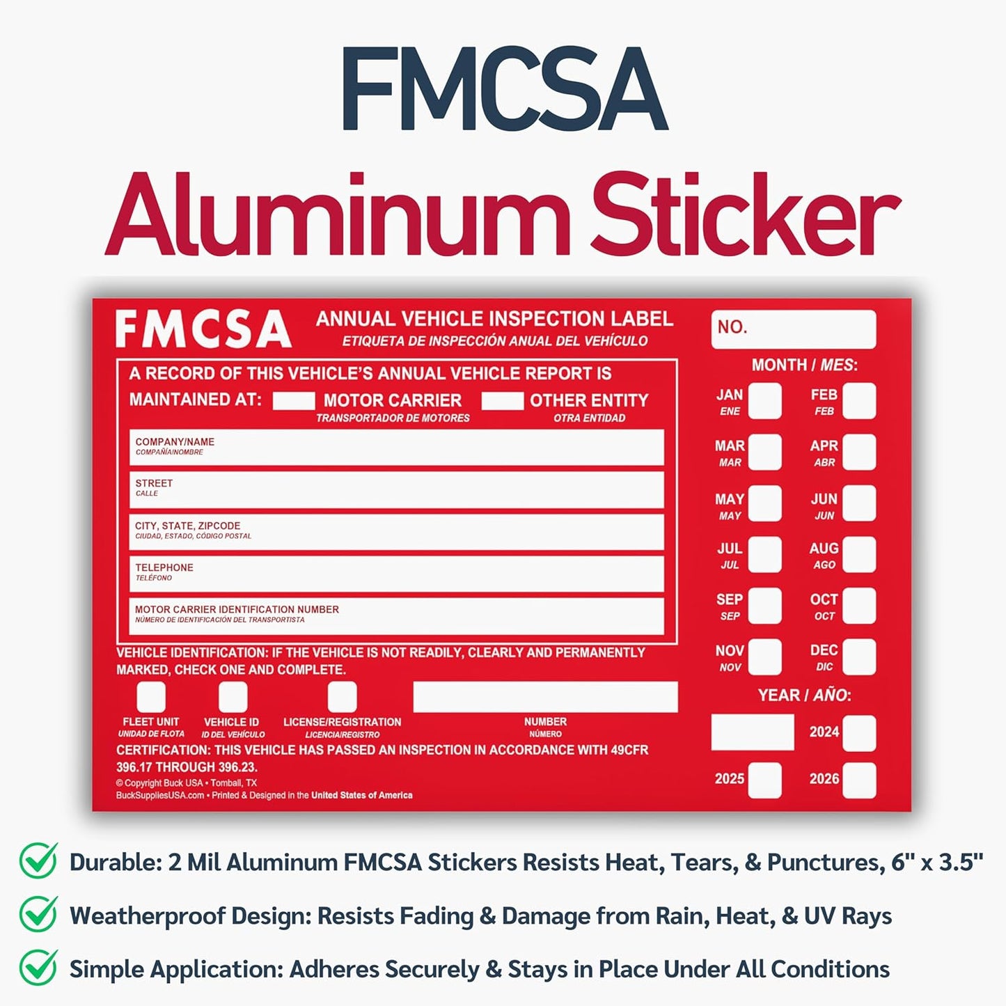 25 Pack 3-Ply Carbonless Annual Vehicle Inspection Report Forms with FMCSA Red Aluminum Labels & White Mylar Laminate Vinyl Labels, DOT Inspection Forms and Stickers, Shrink-Wrapped, 8.5" x 11.75"