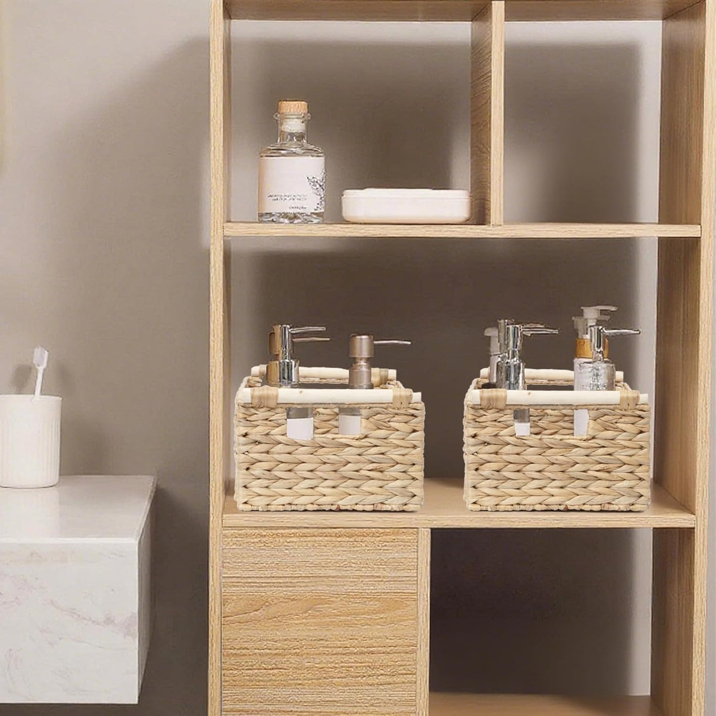 Handmade Water Hyacinth Woven Storage Baskets with Wooden Handles, Rectangle Rustic Organizer Set for Home Decor, Kitchen, Bedroom & Office (Small)