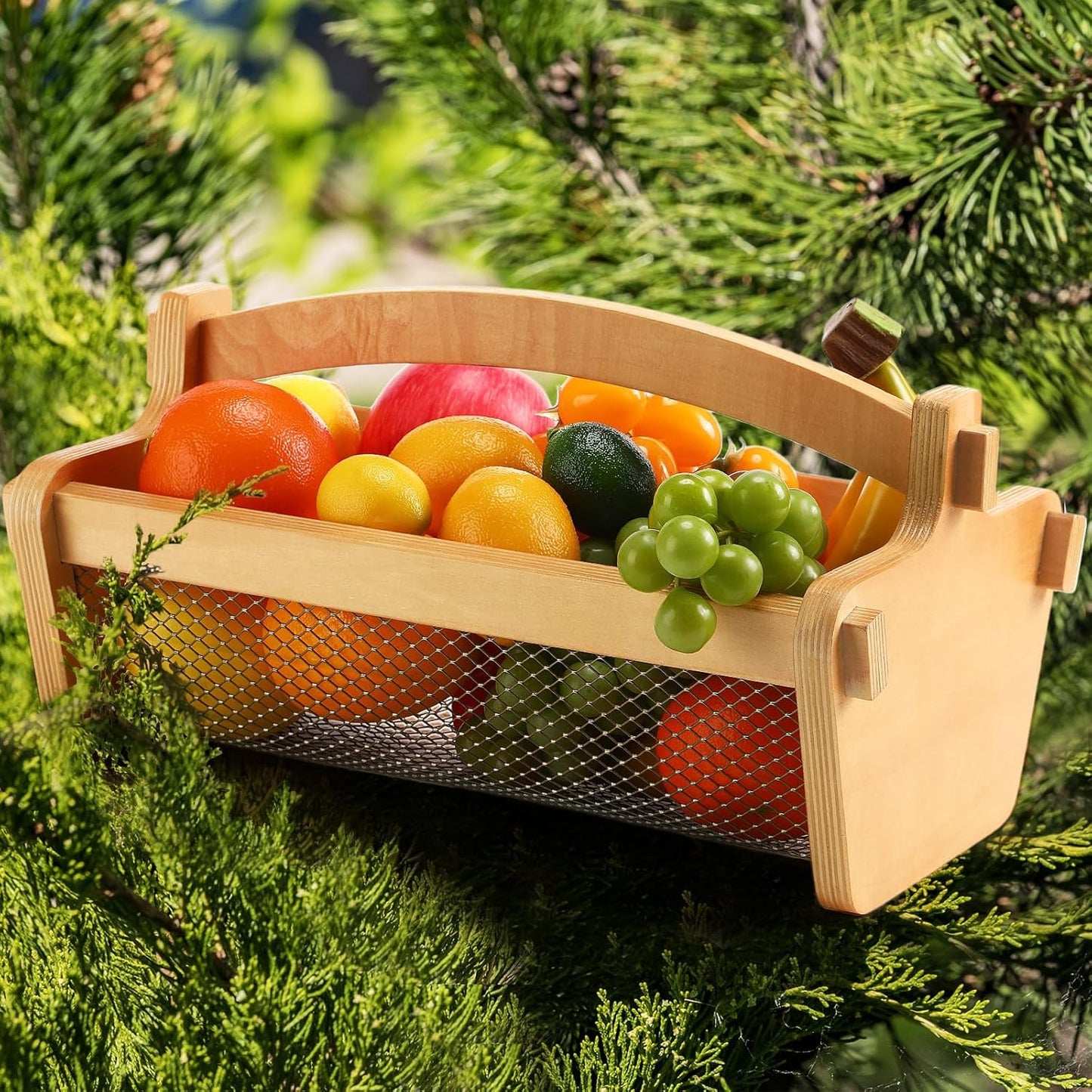 Garden Harvest Basket Mesh Storage with Handle Versatile Gardening Fruits Vegetables Gathering Basket Garden Supply Gardener Gift Spring for Washing Holding (Wood Color,13.4in)