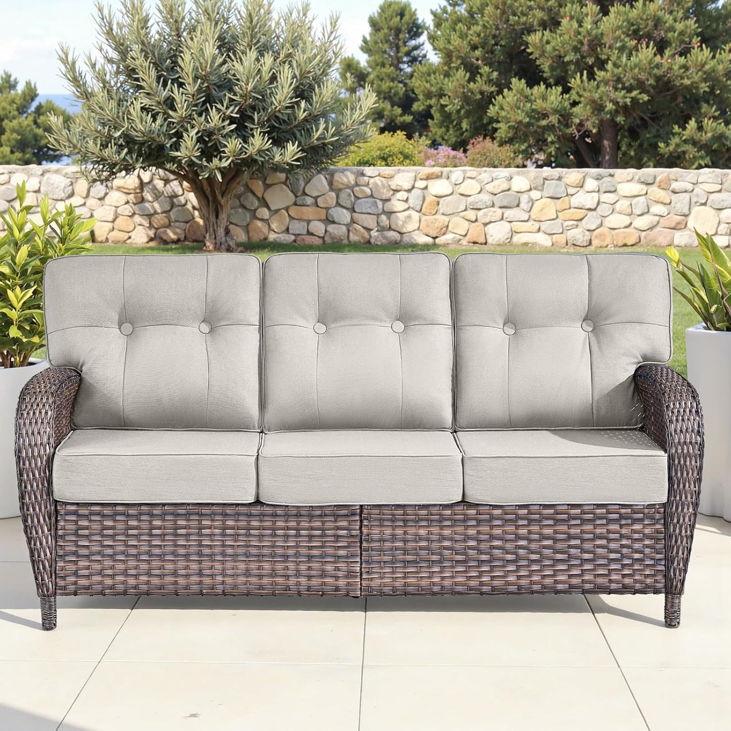 6-Piece Rotating Balcony Chair Set with 31-inch T-Shaped Wide backrest - Rattan Outdoor Rotating Balcony Chairs, Wide backrest Comfortable Outdoor Sliding Chair - Brown | Beige