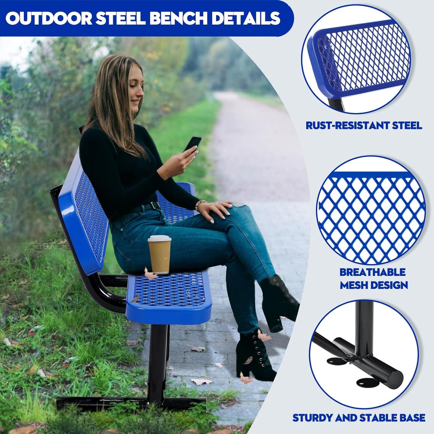 Drexo 8FT Heavy Duty Park Bench with Back Portable Frame, Outdoor Metal Park Bench with Backrest, Steel Mesh Outdoor Bench for Garden, Lawn, Patio, Porch, Park, Yard, Blue