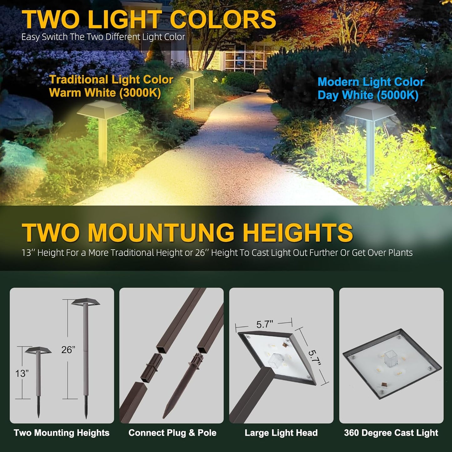 Bobcat Solar Landscape Pathway Lights Super Bright with 2-in-1 Warm White and Daylight Modes, Solar Lights for Outdoor Path, Sidewalk, Driveway, or Walk Way, Dark Brown(4 Pack)