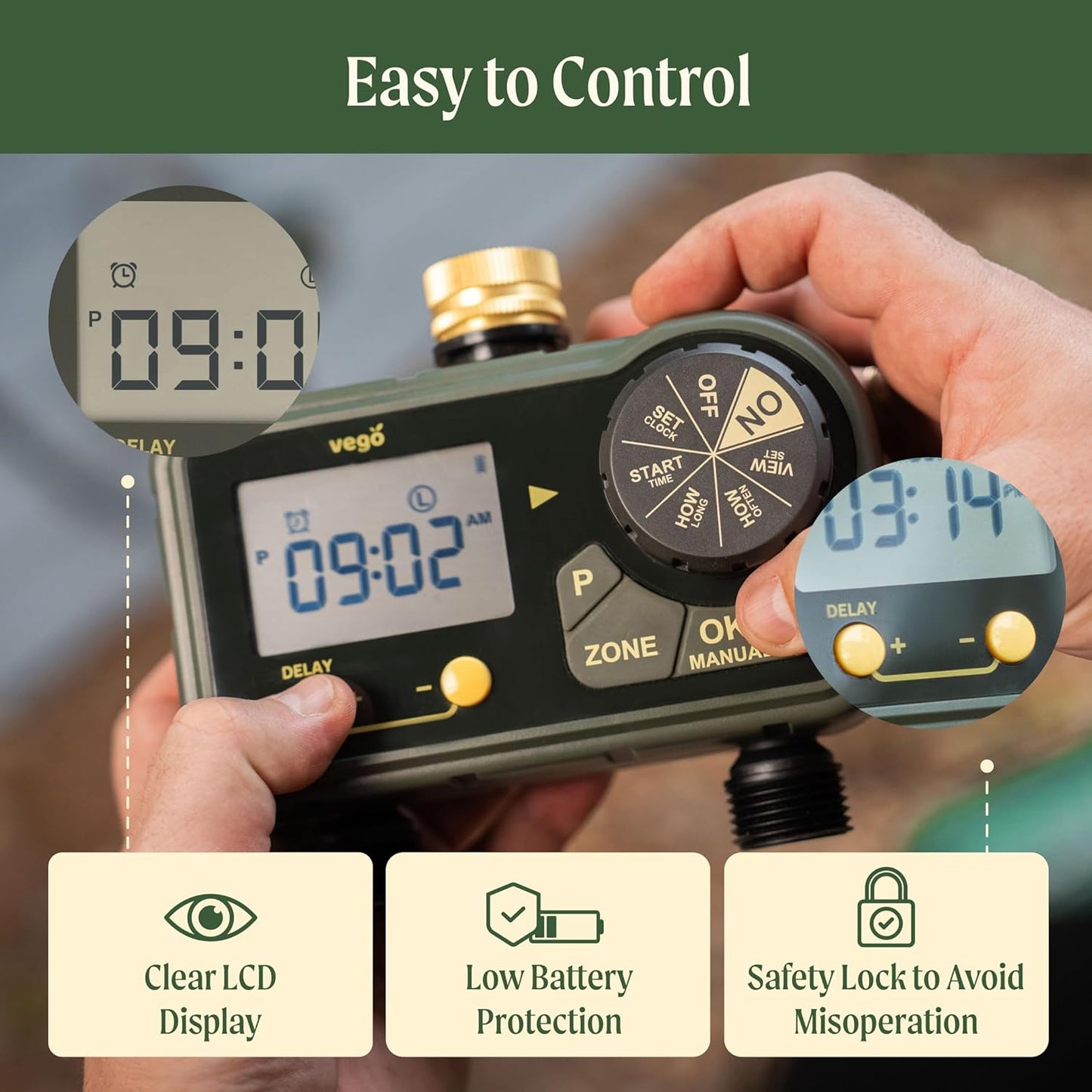 Vego 2 Zone Sprinkler Timer with Brass Inlet- Watering Timer for Garden Hose with Dual Channel Programmable Rain Delay/Manual Watering/Automatic Irrigation - Water Hose Timer for Yard Lawn