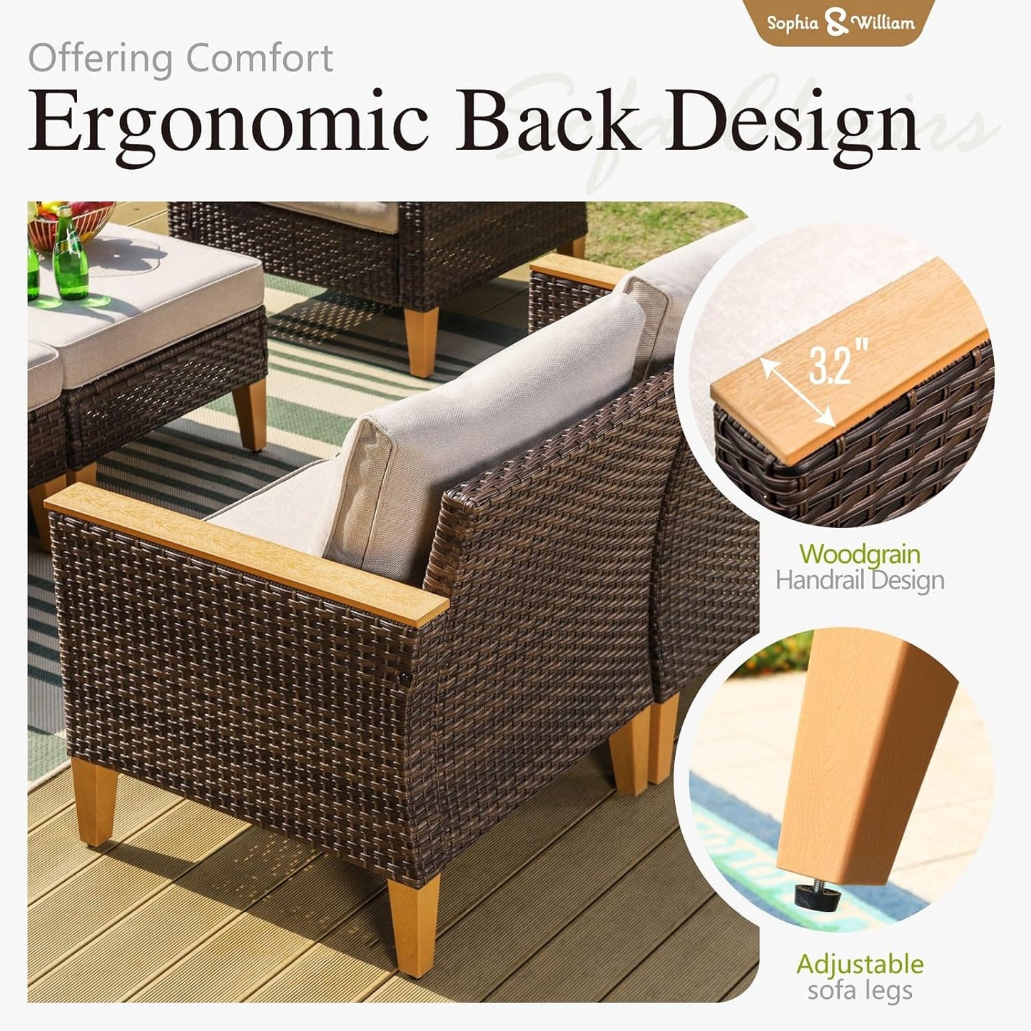 Sophia & William Patio Furniture Set, 5 Piece Half Moon Outdoor Wicker Sectional Sofa Set, Rattan Conversation Set for Backyard, Deck, Pool(Beige)