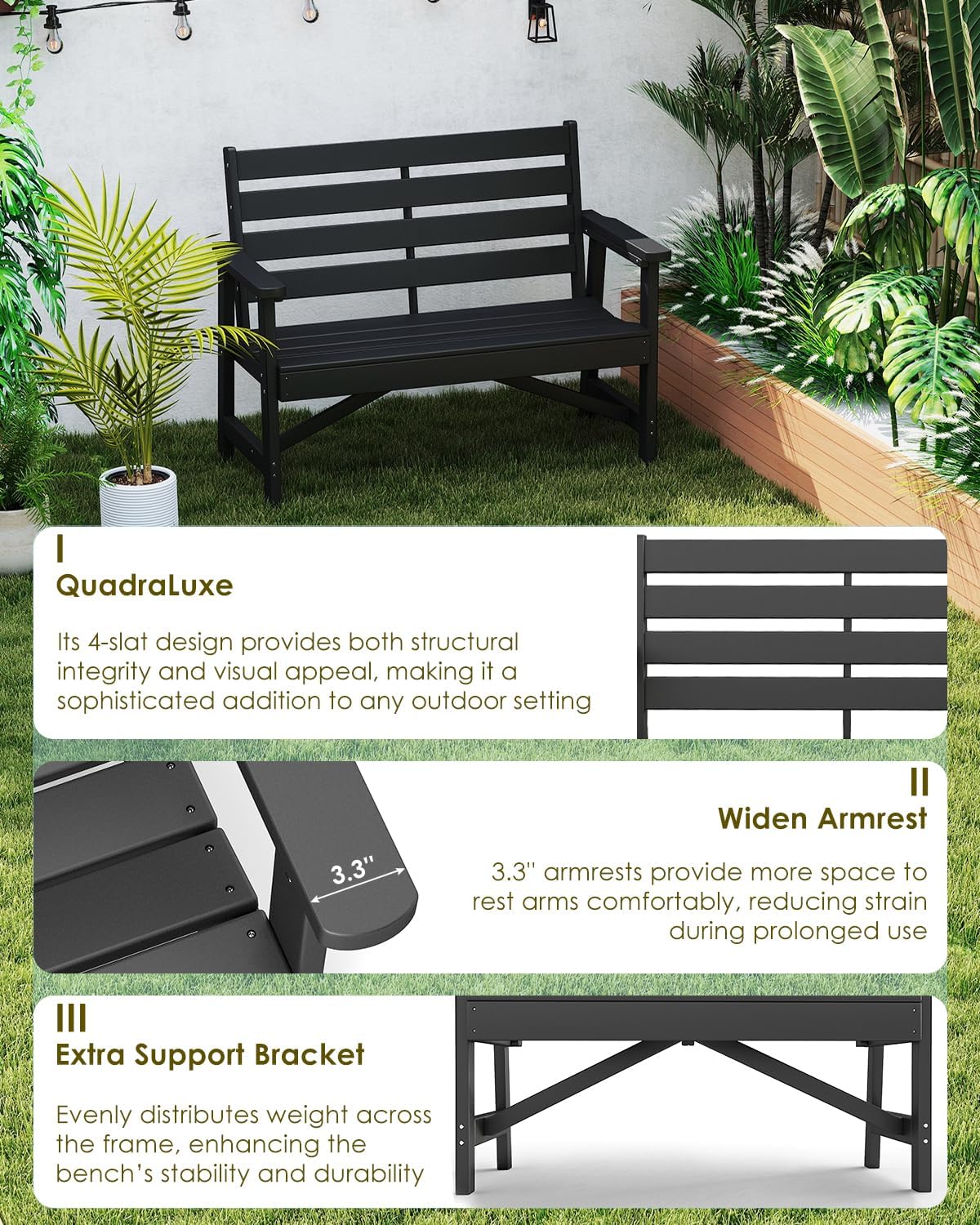 GREENVINES Outdoor Bench | 51.5’’ | HDPE | Garden Benches | Weatherproof | for Outdoors Patio Park Porch Outside Backyard | 2-Person | Black