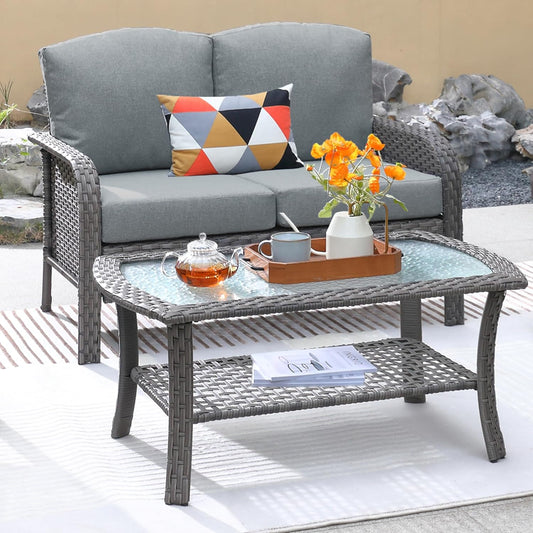 ovios 2 Pieces Patio Furniture Set, Outdoor Wicker Sofa with Glass Coffee Table, All Weather High Back Rattan Loveseat Couch 2 Seats with Comfy Cushions, Dark Grey