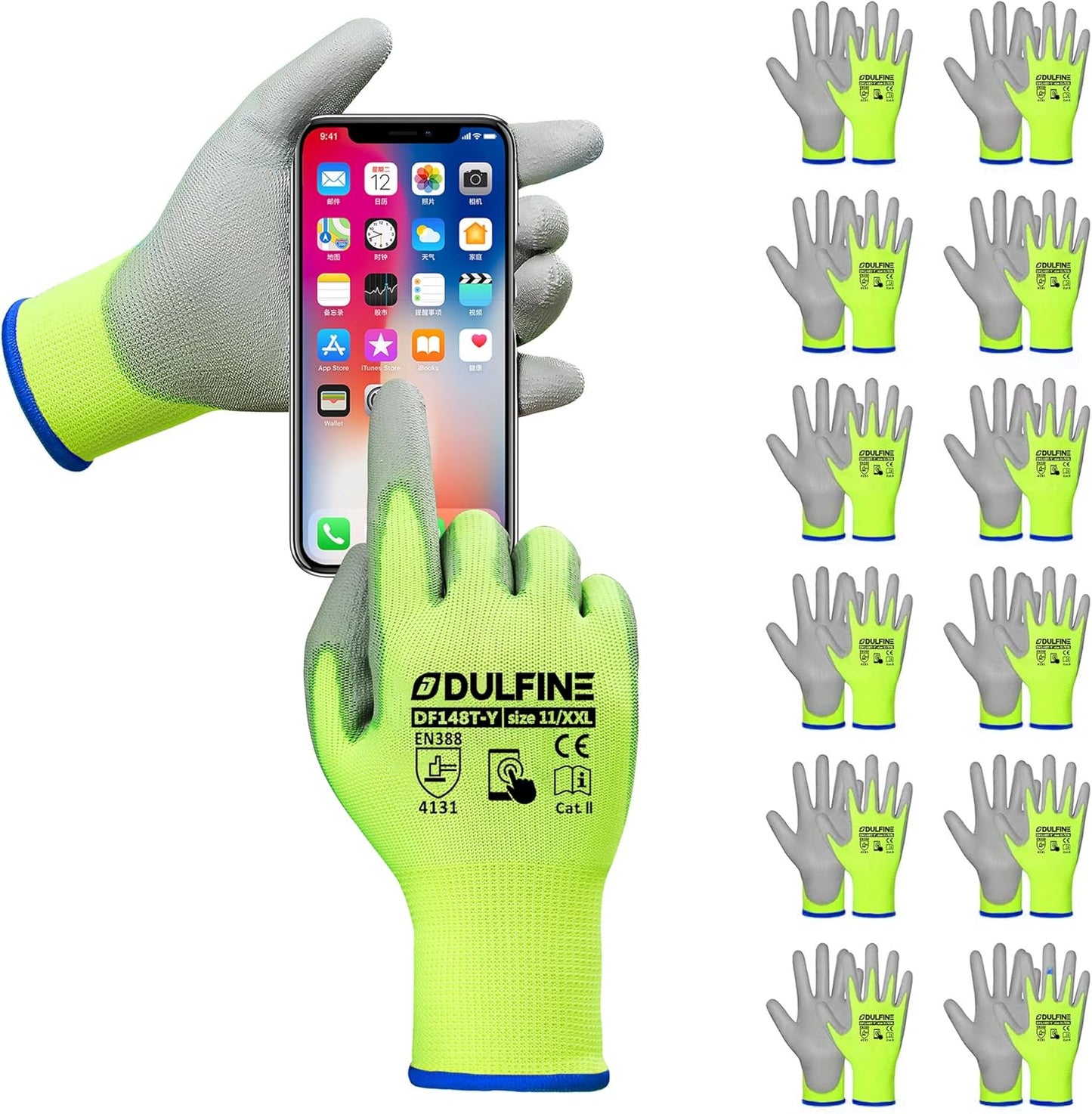 DULFINE Safety Work Gloves PU Coated for Men and Women-12 Pairs,Hi-Vis Seamless Knit Glove with Two Fingers Touchscreen,Ideal for General Duty Work (XX-Large)