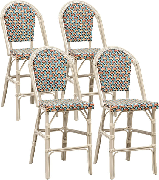 PURPLE LEAF French Counter Height Bar Stool Set of 4 25" White Print Finish Patio Chairs with Back Rattan Bar Chairs French Bistro Set for Kitchen Outdoor Counter Stool Colorful