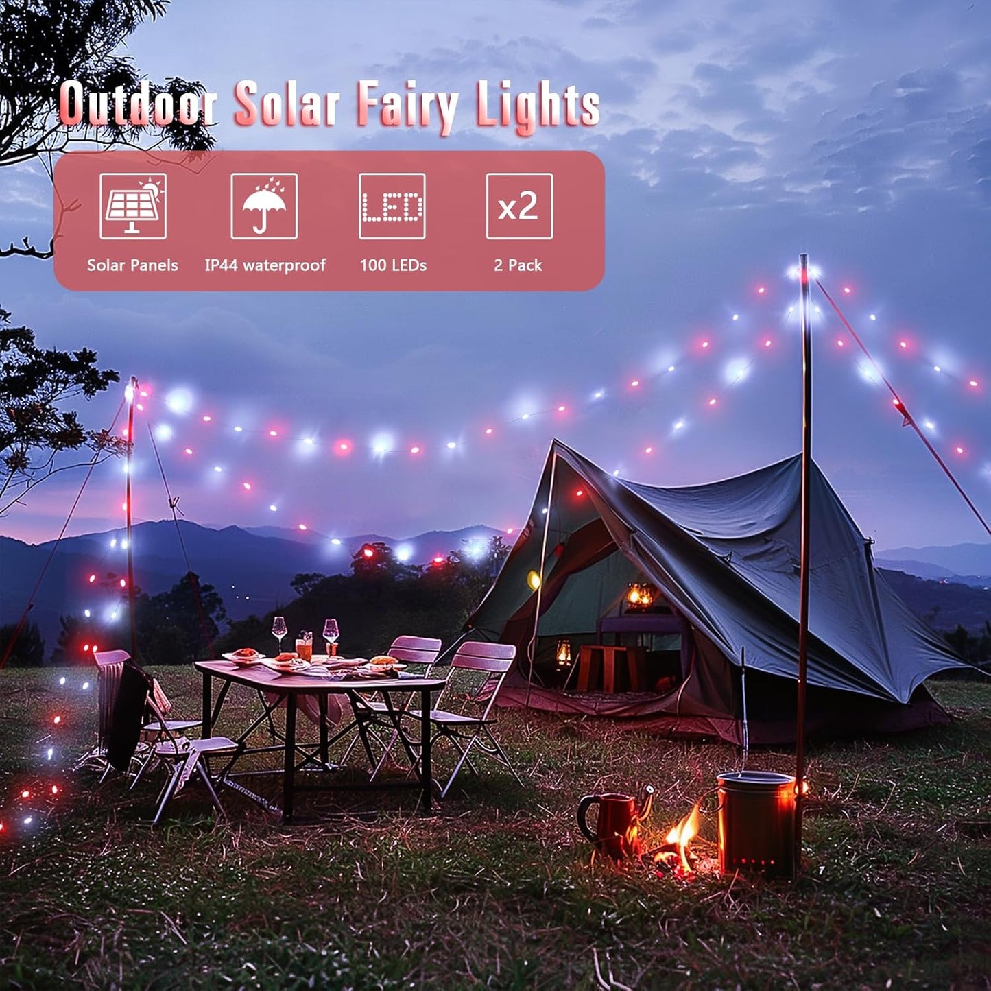 JMEXSUSS 2 Pack Red and White Solar Christmas Lights, Each 33FT 100 LED Solar String Lights Outdoor, Waterproof Solar Fairy Lights for Outside Christmas Decorations