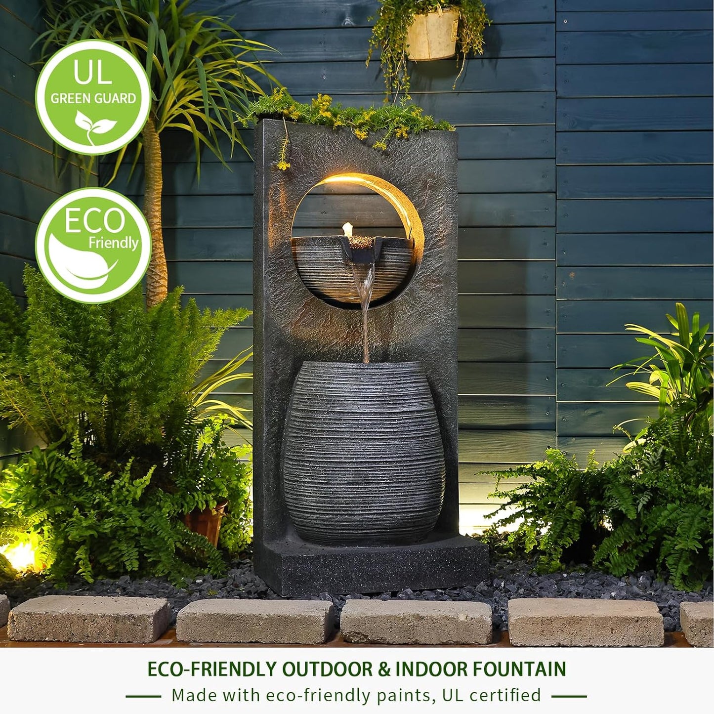 Water Fountain Outdoor Indoor - Modern Waterfall Garden Freestanding Fountain Curved Surface Artistry Design with LED Lights and Light Strip for Home Decor Patio Yard Pool,37.4 inches Tall