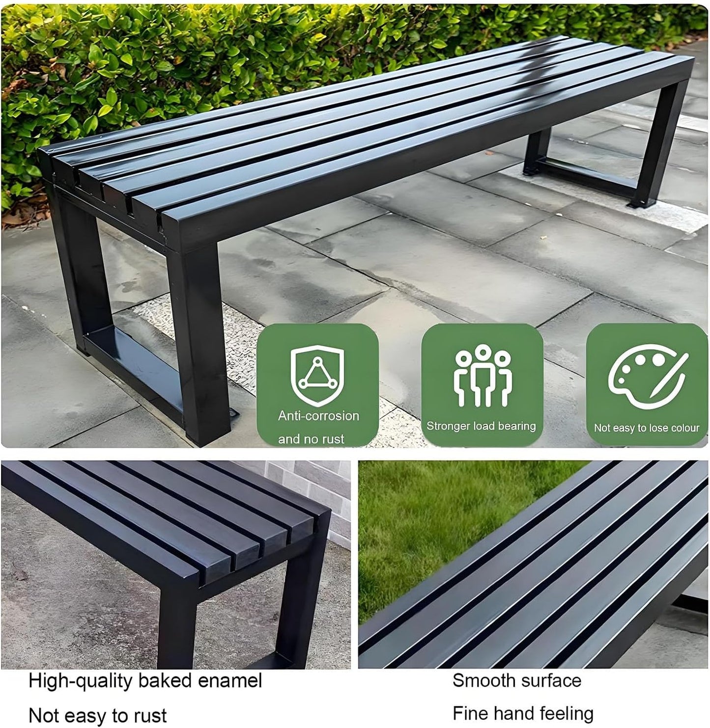 Weatherproof Metal Dining Bench, Outdoor Bench Backless Patio Bench 2-Person Farmhouse Bench Garden Bench for Kitchen, Living Room, Entryway(Black,59in)