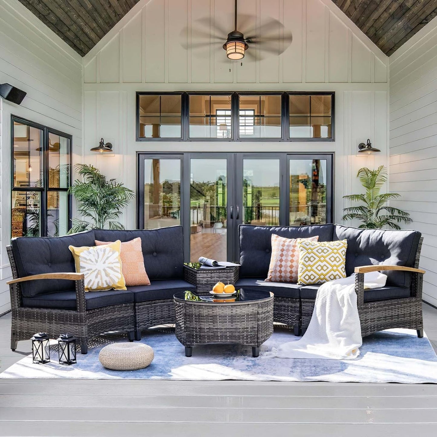 6 Piece Outdoor Patio Furniture Set, Half-Moon Curved Sectional Set with Wood Armrests, Patio Conversation Set, Tempered Glass Coffee & Side Tables (Grey)