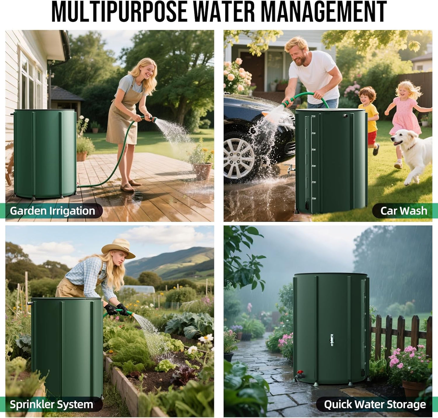 Collapsible Rain Barrel Water Collection System - 100 Gallon Portable Water Storage Tank,Foldable Rainwater Collect System Downspout, Water Catcher Container with Filter, Spigots＆Overflow Kit,Green