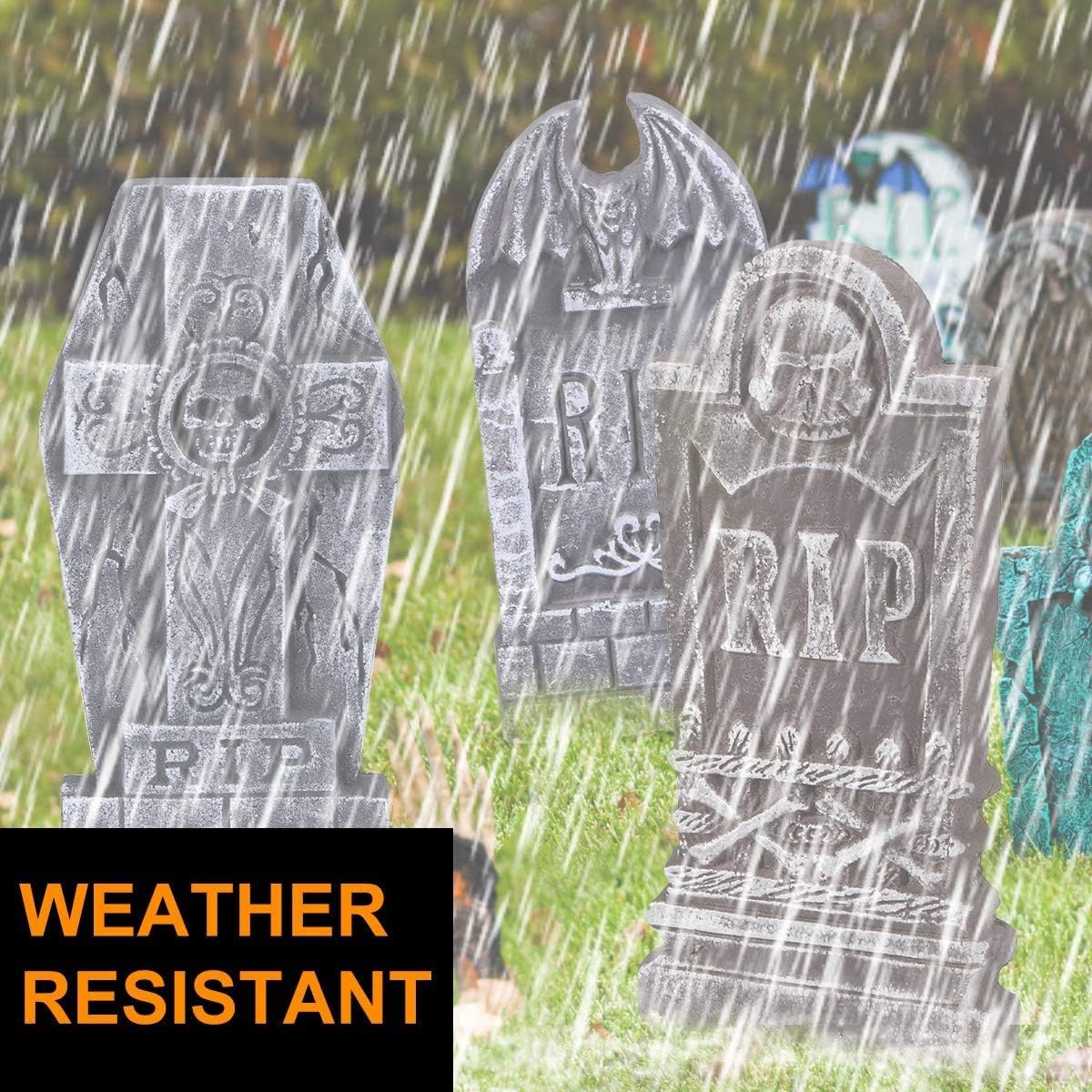 17” Halloween Foam RIP Graveyard Tombstones, 5 Pack Tombstone with 10 Metal Stakes for Halloween Decorations