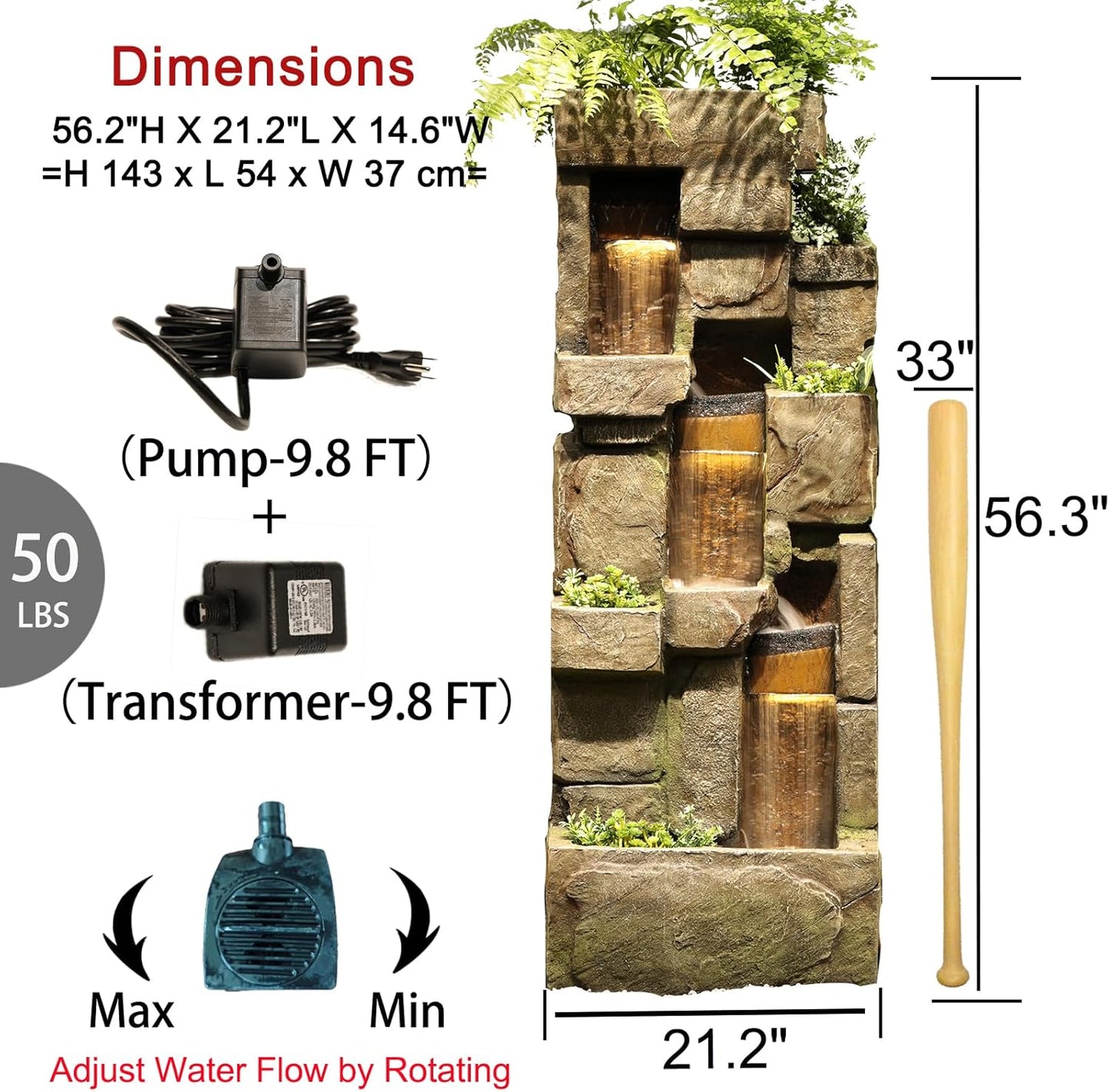 Garden Water Fountains Outdoor Floor Standing, 3 Tier Rock Waterfall Fountain with LED Lights and Pump for Garden, Patio, Backyard, Deck, Porch and Home Art Deco, 56.3" Very Tall