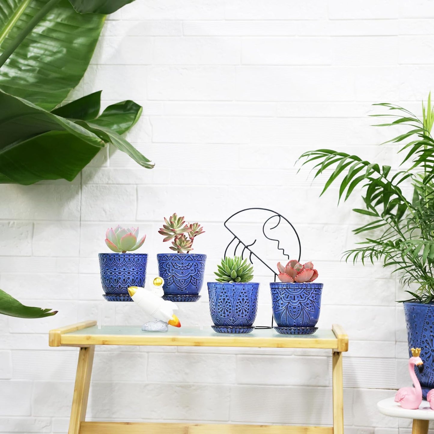 Gepege Succulent Pots, 4 Inch Small Indoor Ceramic Planter Pot with Drainage Holes and Saucers for Plants- Blue - Set of 4