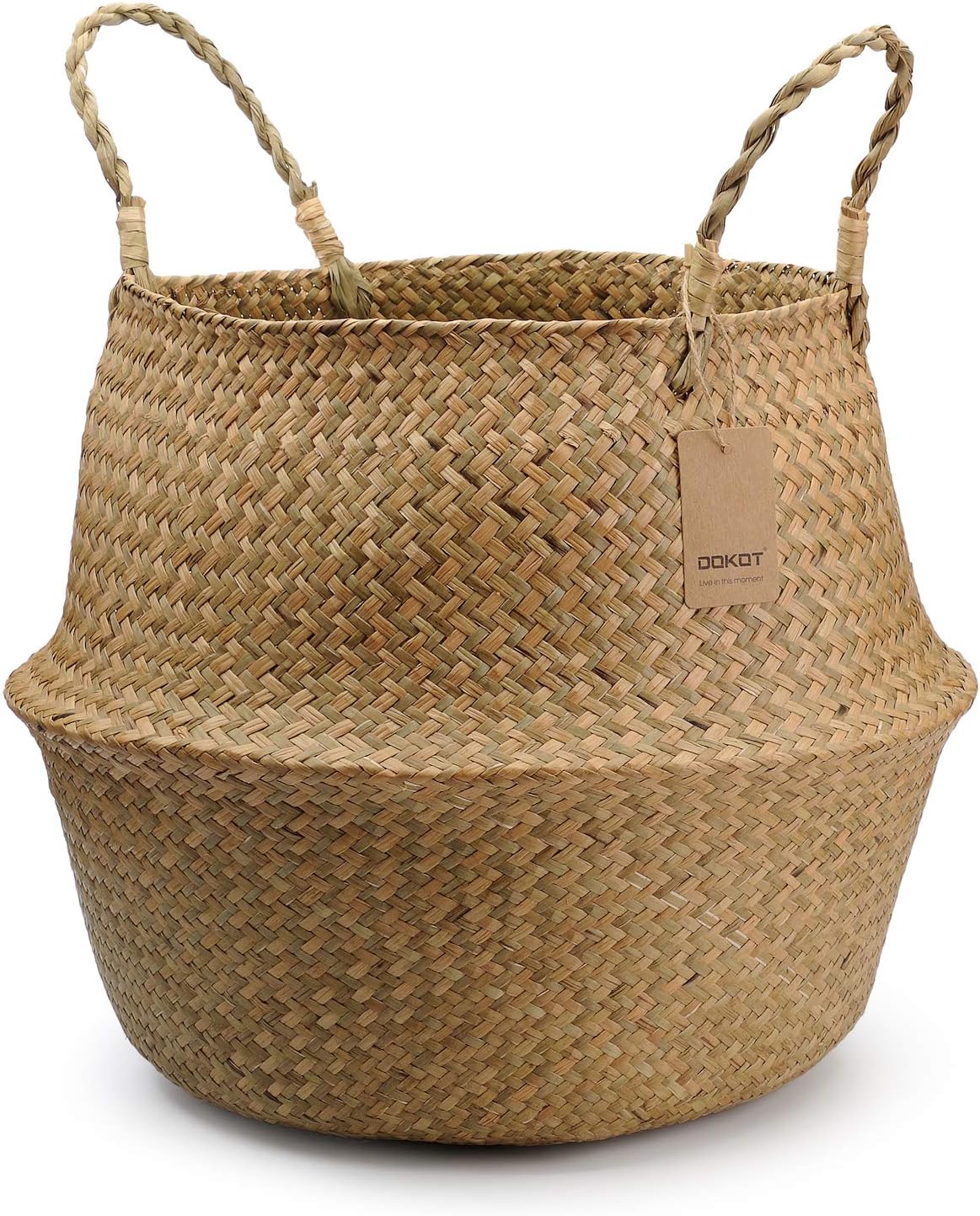 Extra Large Seagrass Plant Basket with Handles, Wicker Woven Storage Basket (14.1“ Diameter x 13.8" Height), Natural)