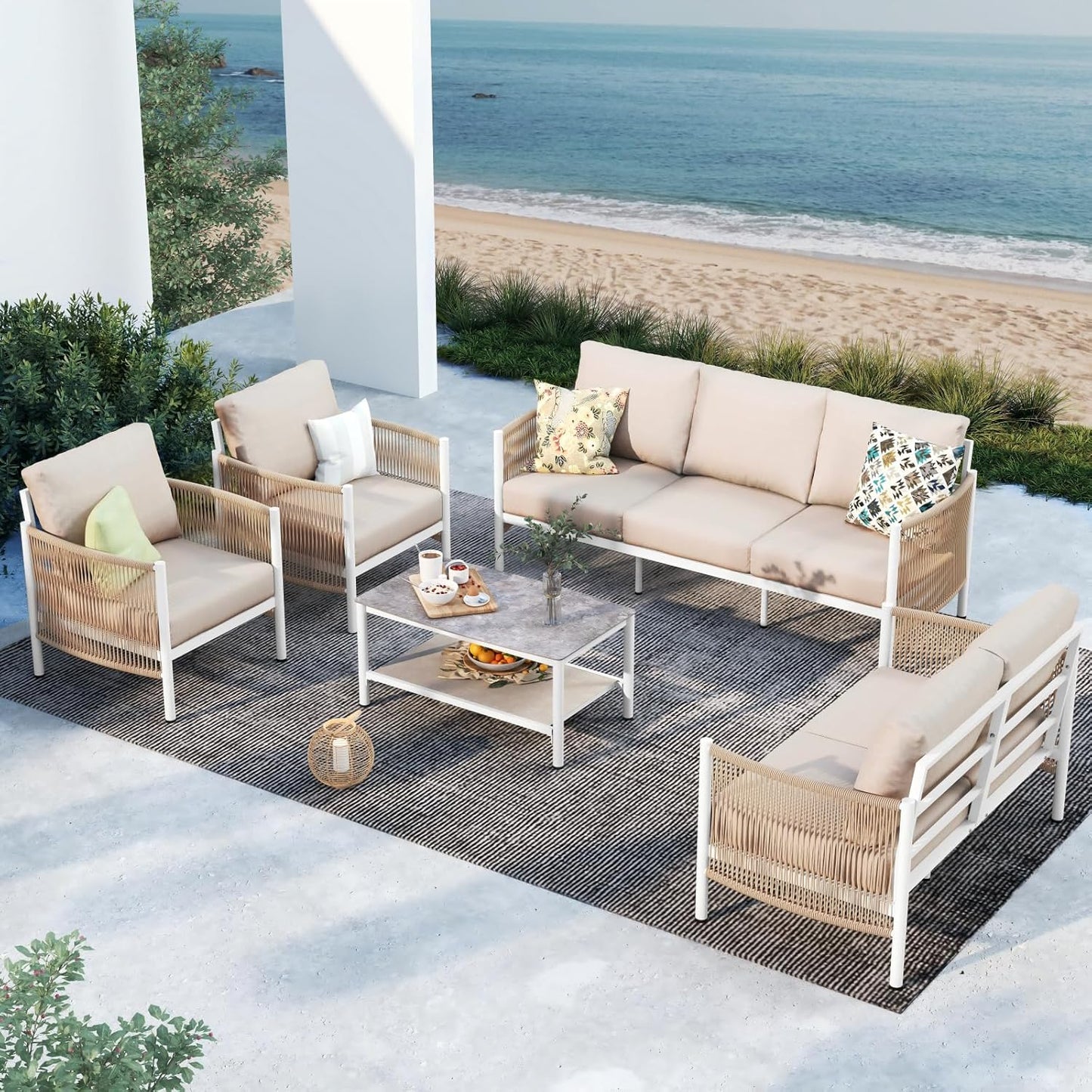 Aluminum Outdoor Patio Furniture Set, HDPE Rope 5 Piece Modern Sectional Conversation Sets with Dual-Layer Coffee Table, All Weather Patio Couch Sofa with Thick Cushions, White Frame, Ivory