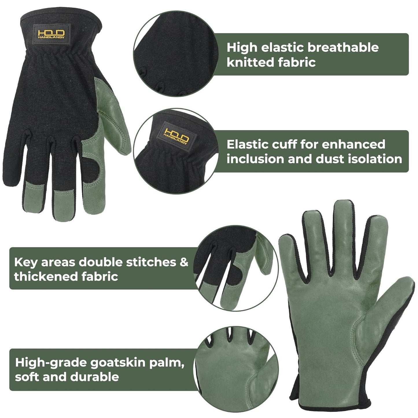 HLDD HANDLANDY Garden Gloves Men, Leather Utility Work Gloves for Gardening, Yardwork, Construction, Mechanics with Reinforced Palm, Green XL