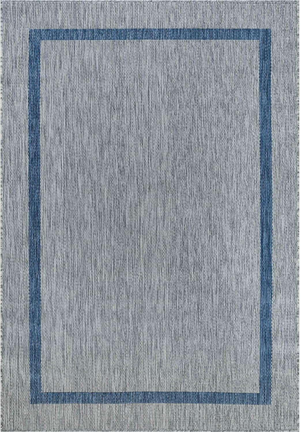 Bordered Outdoor Rug 8x10 Washable Outside Carpet for Indoor Patio Porch Waterproof Easy Cleaning Non Shedding Area Rugs Silver Gray - Blue 8 x 10