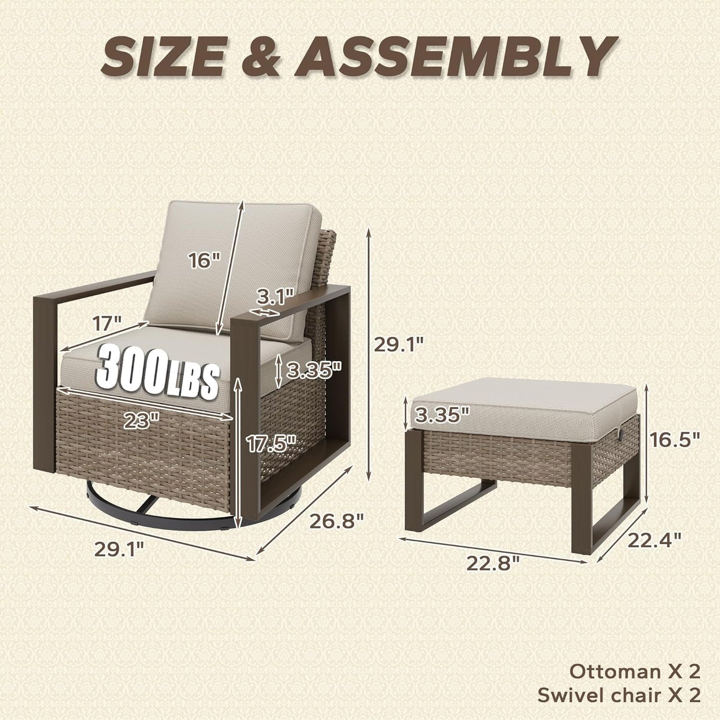 Outdoor Wicker Metal Chairs Set of 2 with Two Ottomans, 360 Degree Glider Rockers Armchairs, 4 Pieces Patio Bistro Set with Wood-Looking Metal Armrest for Poolside, Terrace, Beige