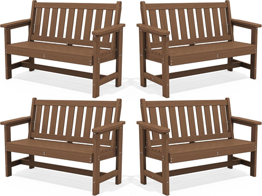 SERWALL Outdoor Bench, HDPE Outdoor Benches Weatherproof, 2-Person Garden Bench with 660 lbs Weight Capacity, Patio Benches for Outdoors, Garden, Porch, Backyard and Park, Brown, 4 Pack