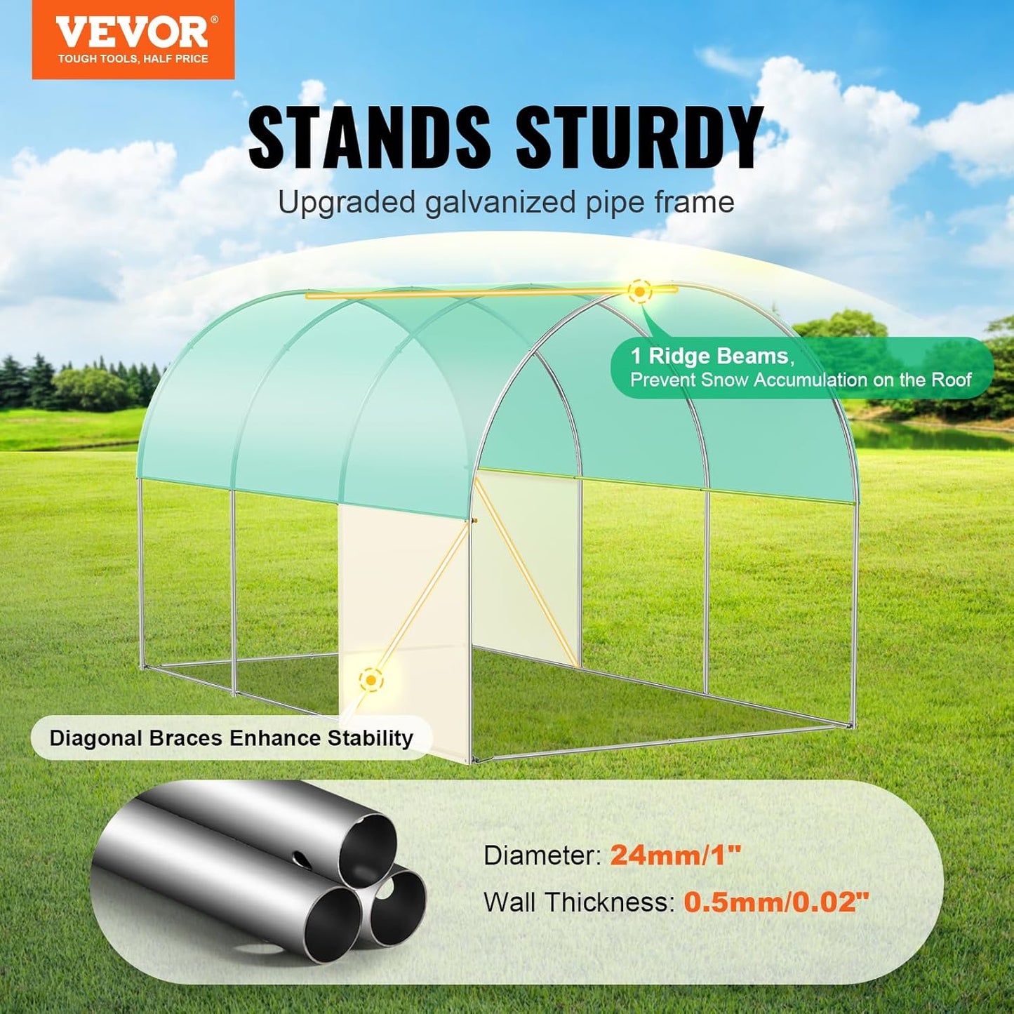 VEVOR Walk-in Tunnel Greenhouse, 11.3x6.4x6.3 ft Hoop House Greenhouse Tunnel, Plant Hot House with Galvanized Steel Frame, Green PE Cover, Roll-up Zipper Door and 6 Windows for Outdoor
