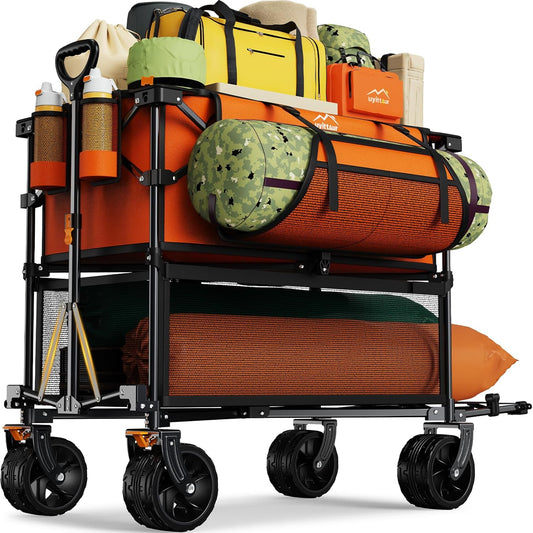 Foldable 50''L Extra Long Double Decker Wagon for Sport, 400L Collapsible Heavy Duty Wagon Cart with Big Wheels, Utility All-Terrain Large Extender Cart for Outdoors, Orange