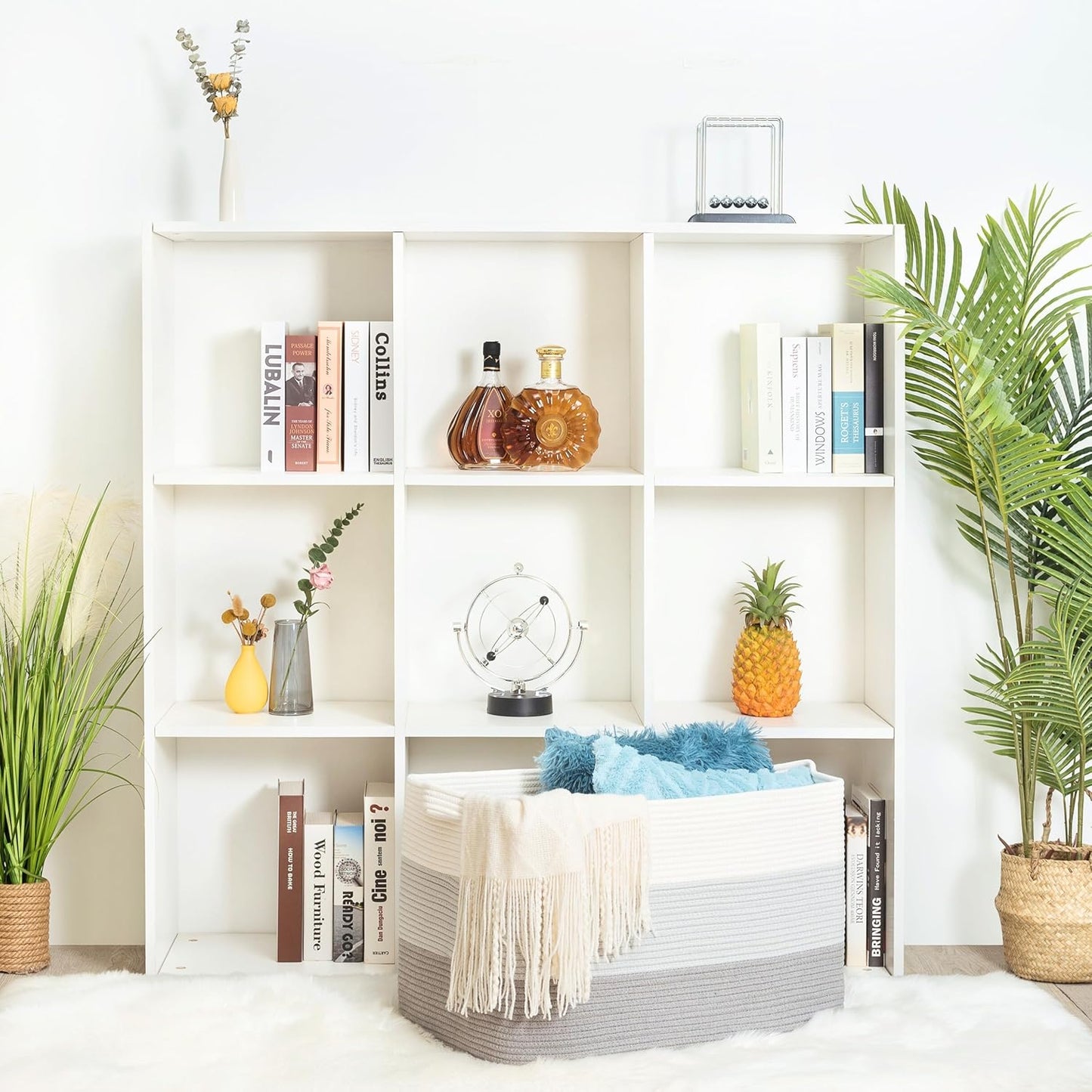 MINTWOOD Design 22in Extra Large Blanket Basket Holder Living Room, Rectangle Rope Woven Storage Basket with Handles for Laundry, Pool Towels, and Shoes, Dog Toy Organizer Bin Box, 3-Tone Light Gray