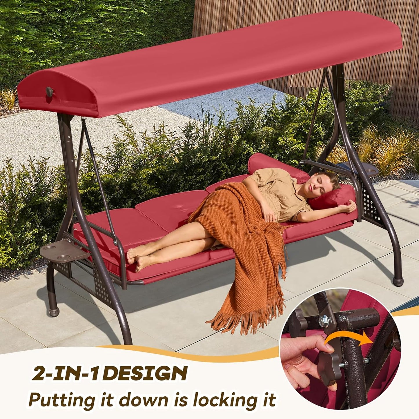 3 in 1 Outdoor Porch Swing with Adjustable Canopy, 3 Seat Outdoor Swing for Adults, Patio Swing Chair with Thickened Cushions,Pillows & Cup Holders for Backyard, Porch, Garden (Wine Red)