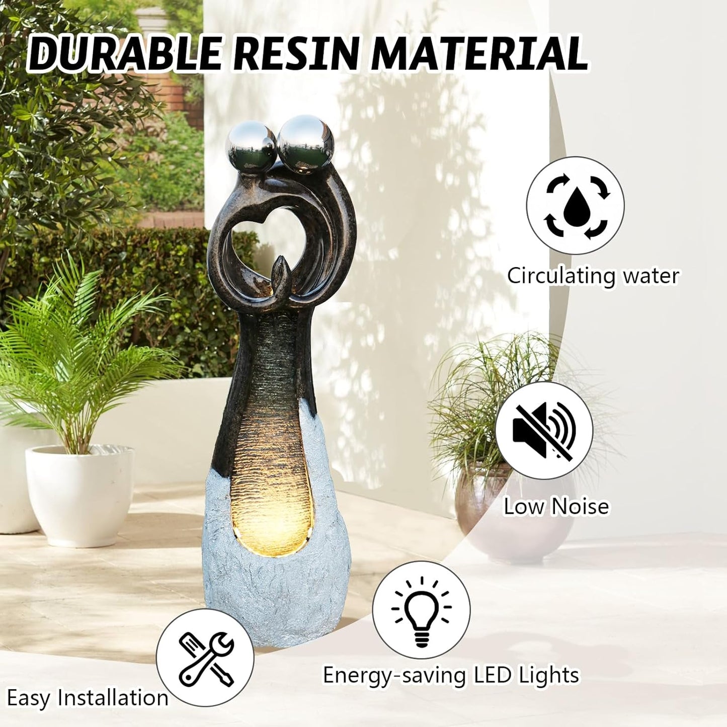 Couple Standing Fountains 45 Inch Graceful Hugging Water Fountain Design Indoor Zen Waterfall Fountain with LED Lights Perfect for Gardens, Indoor Decor Ideal for Couples and Home Decor Lovers