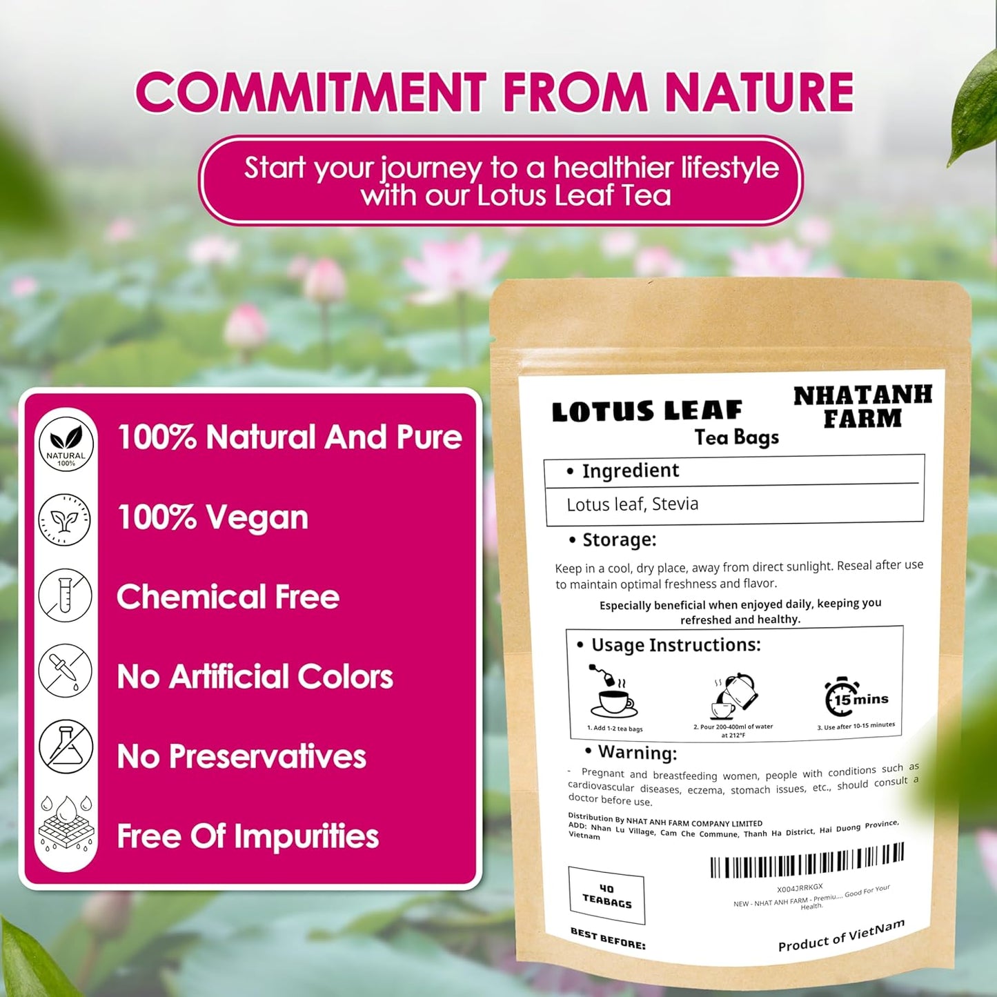 NHAT ANH FARM - Premium Lotus Leaf Tea Bags, 100 Teabags, 100% Natural, Hand-Selected Lotus Leaf Tea Bags, No Additives, Sugar-Free,Caffeine-Free. Good For Your Health.