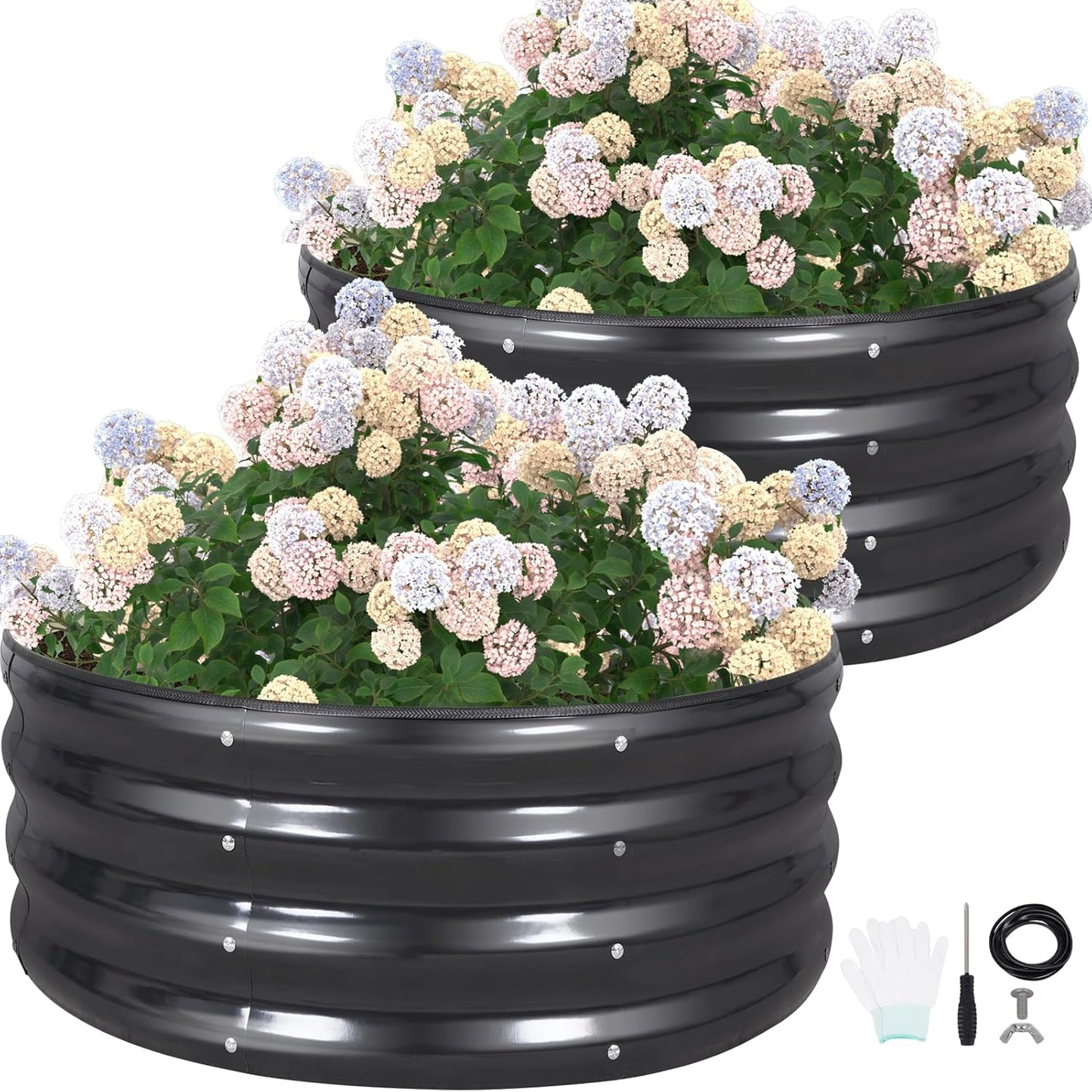 G GOOD GAIN Round Raised Garden Bed - 2Pcs 3x3x1ft Galvanized Steel Planter Boxes Outdoor with Rubber Edge Trim | Metal Raised Beds for Gardening Vegetables Flowers Fruits Herbs (Dark Grey)