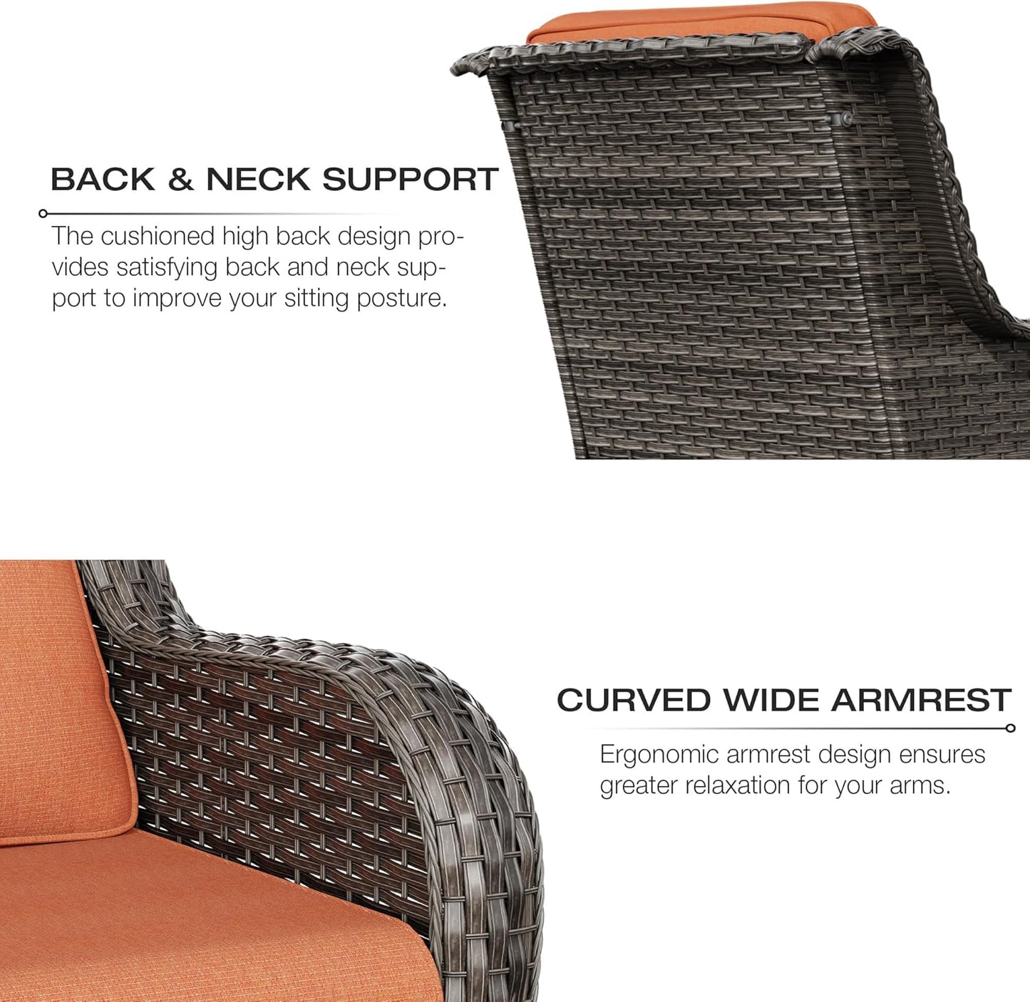 Joyside 5 Piece Outdoor Patio Furniture Set Wicker Conversation Bistro Set Swivel Rocking Chairs with Side Table and Ottomans for Backyard, Porch, Deck(Mixed Grey/Orange)