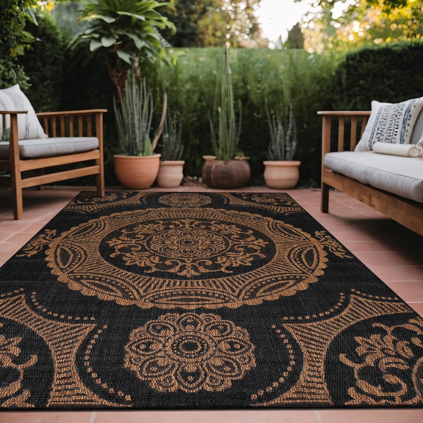 Medallion Outdoor Rug 9x12 Washable Outside Carpet for Indoor Patio Porch Waterproof Easy Cleaning Non Shedding Area Rugs Nut Brown 9 x 12
