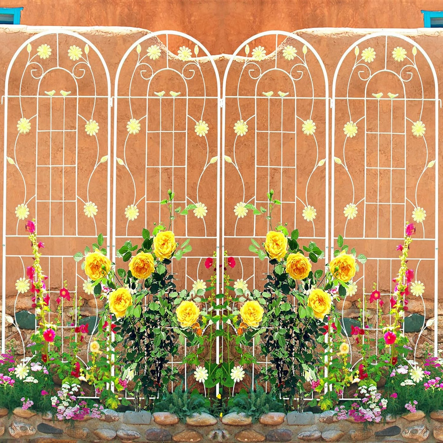 4 Pack Metal Garden Trellis 86.7" H Garden Fence Rustproof Trellis Cream White for Climbing Plants Support Roses Flower Cucumber Outdoor Lawn, White