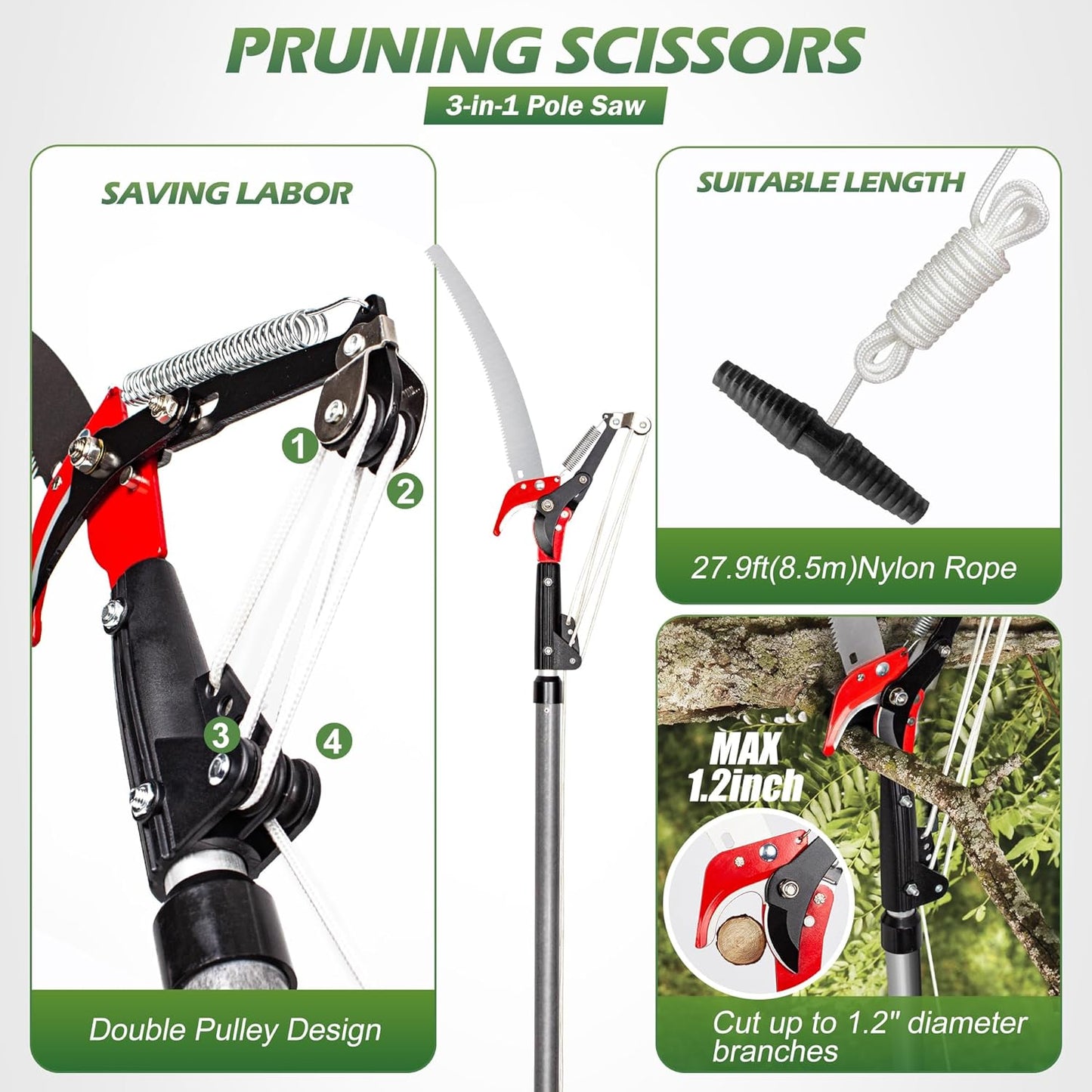 Walensee Pole Saws for Tree Trimming,7.2-27FT Extendable Tree Pruner,Manual Branch Timmer with Blade and Scissors High Branches Pruning Fiberglass Pole Pruner and Cutter Garden Tool with Storage Bag