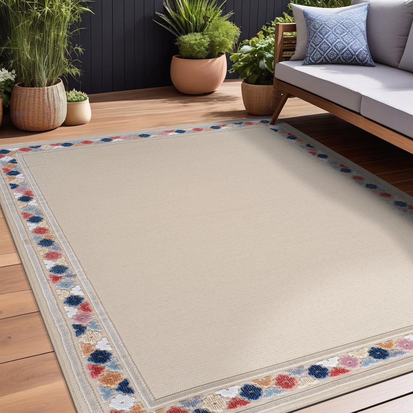 Beverly Rug Outdoor Rug 10x14 Modern Bordered Large Area Rugs for Indoor and Outdoor Patio Easy to Clean Non Shedding Living Room Porch Garden Washable Outside Carpet (10 x 14 Beige)