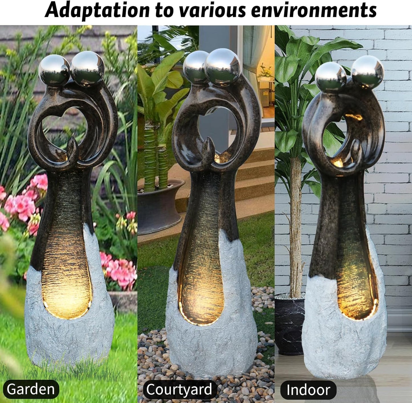 Couple Standing Fountains 45 Inch Graceful Hugging Water Fountain Design Indoor Zen Waterfall Fountain with LED Lights Perfect for Gardens, Indoor Decor Ideal for Couples and Home Decor Lovers