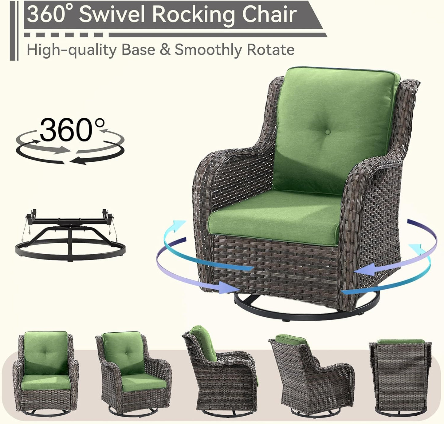 Outdoor Swivel Rocker Patio Chair - Outdoor Wicker Patio Glider Chair with Olefin Fabric Cushions Suitable for Backyard Deck and Porch, Green