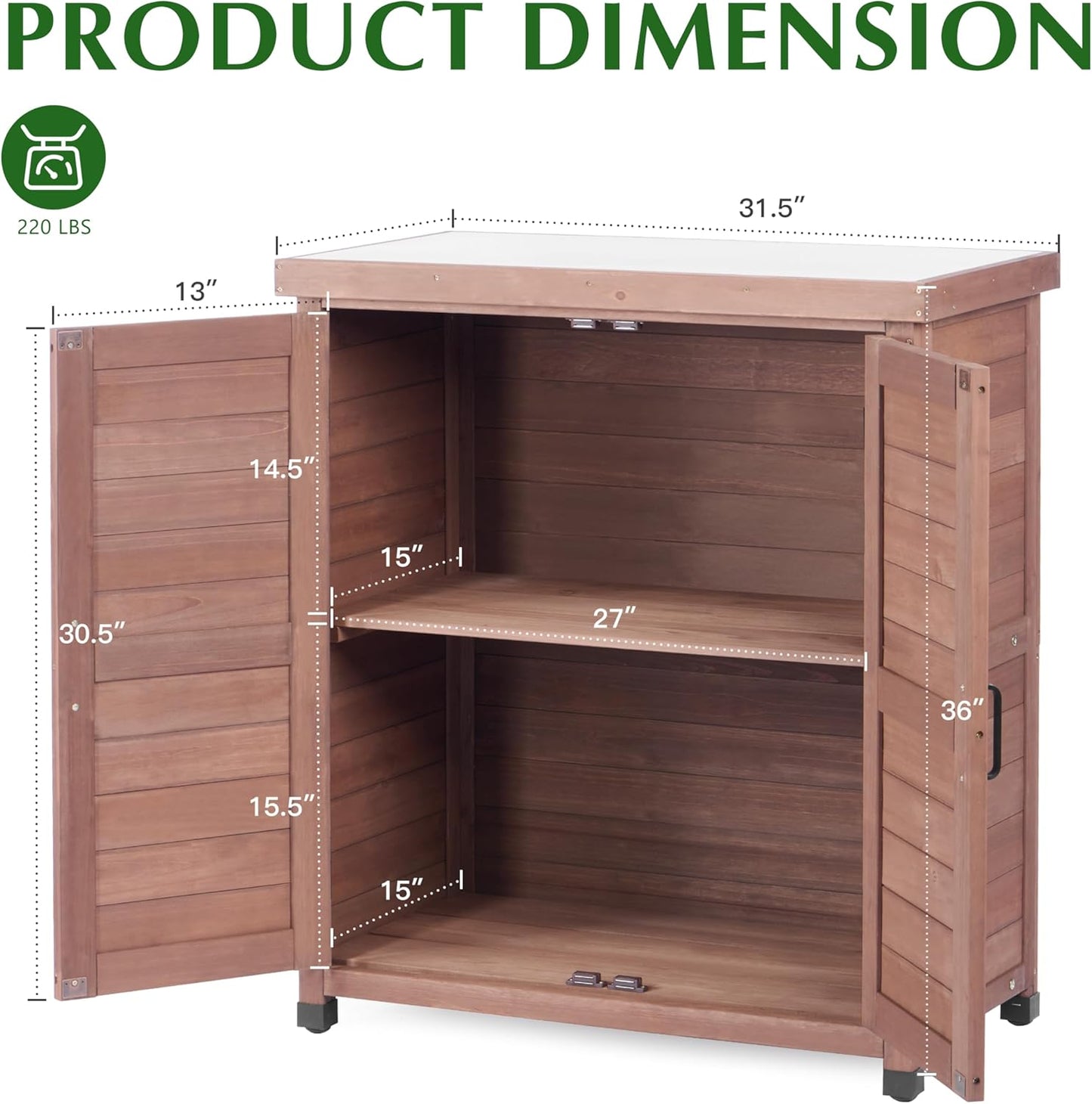 Outdoor Storage Cabinet & Potting Bench Table with Metal Top, Wooden Patio Furniture, Garden Workstation (Royal Brown, 36x31x17in)