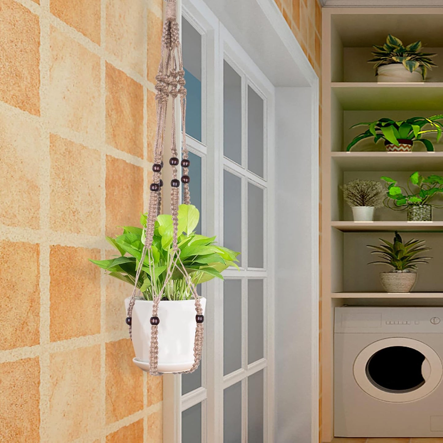 Macrame Plant Hanger Indoor Hanging with Wood Beads Macrame Planters No Tassel for Indoor Outdoor Boho Home Decor 35 Inch (Brown, 1pc)