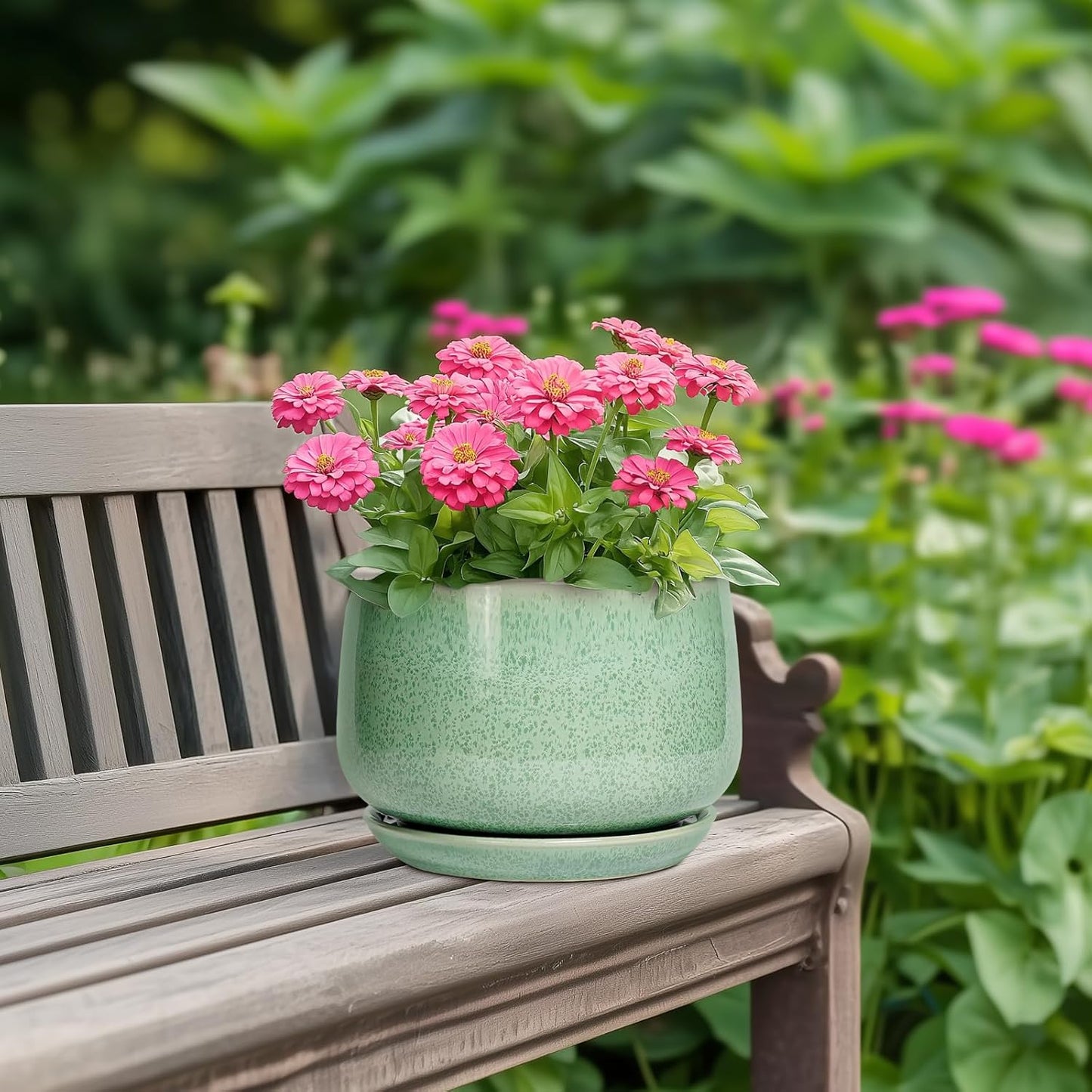 G EPGardening Ceramic Plant Pot - 7 Inch Ceramic Planter for Indoor Outdoor Plants, Flower Pot with Drainage Hole and Tray, Modern Round Planter, Plants Lovers Gifts, Home Garden Decor, Green