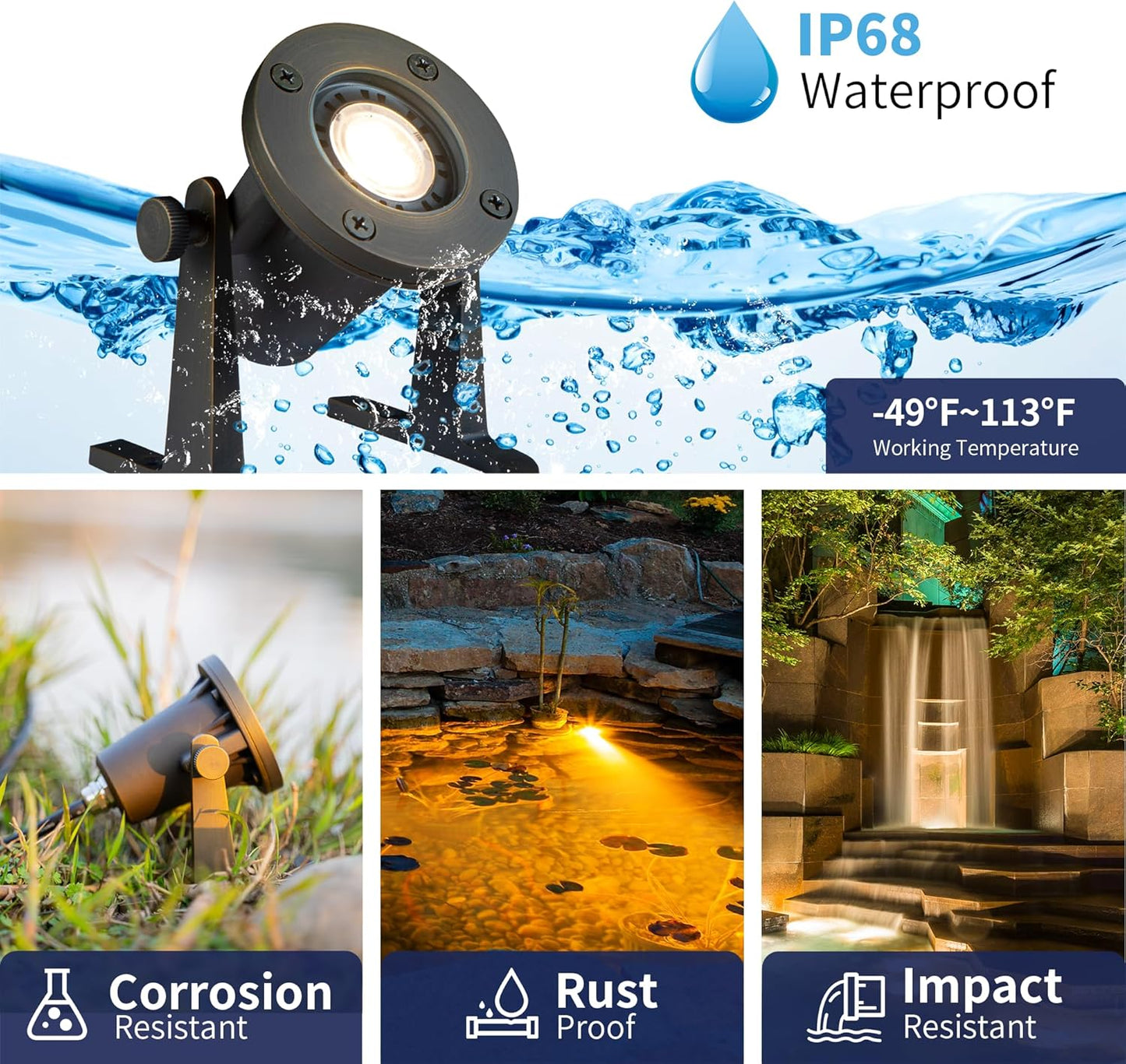 Bronze Pond Light - 12V Low Voltage Solid Brass Submersible Pondlight, IP68 Waterproof Fixture with 4000K MR16 LED Bulb for Outdoor Garden, Landscape, Waterfall, Fountain Lighting(8 Pack)